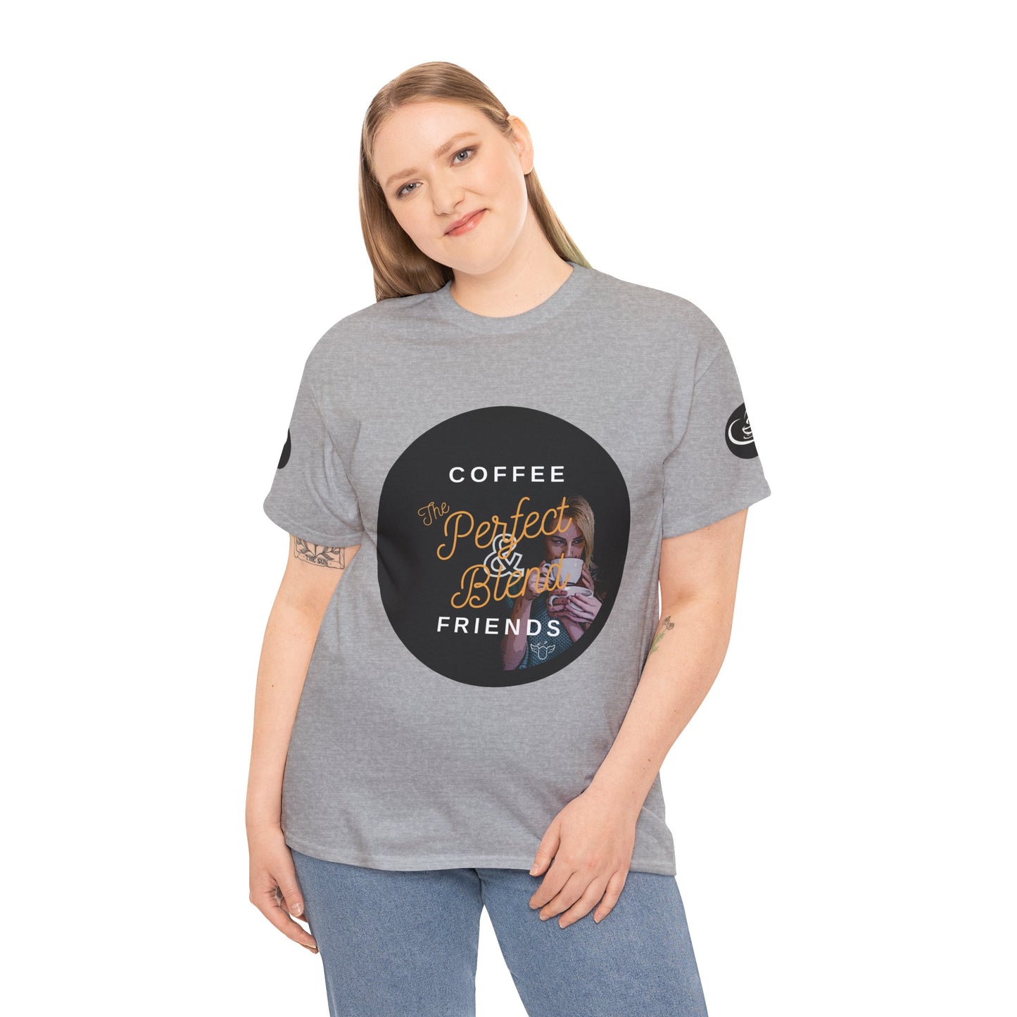 Coffee Lovers Ladies Tee - COFFEE and FRIENDS the Perfect Blend, Woman wearing a gray t-shirt with a graphic design and text on a white background