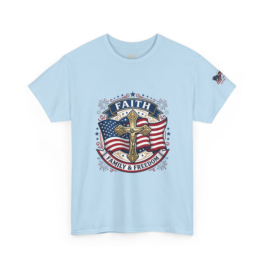Catholic Faith, Family & Freedom T‑Shirt — Patriotic Cross American Flag Tee (USA 250th)