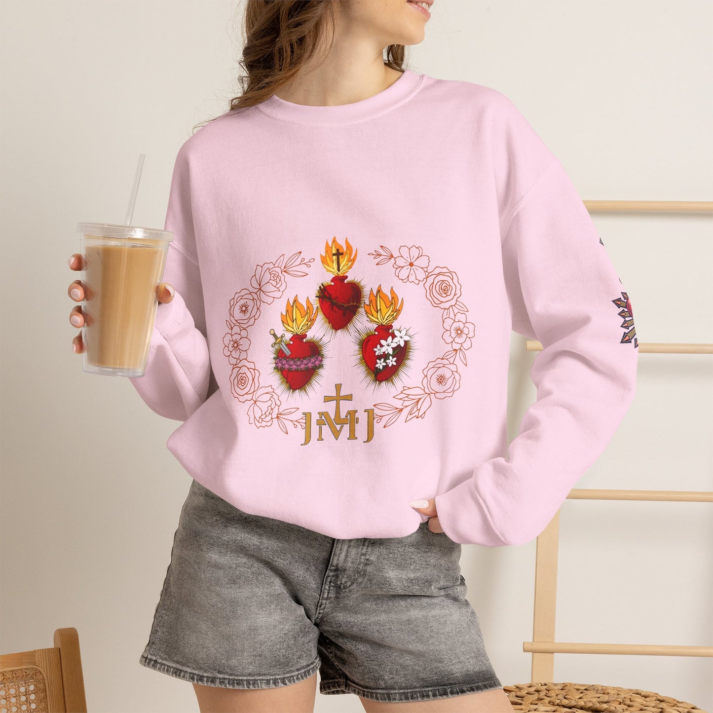 Sacred Hearts Crewneck Sweatshirt — Three Flaming Hearts with JMJ Cross (CT)
