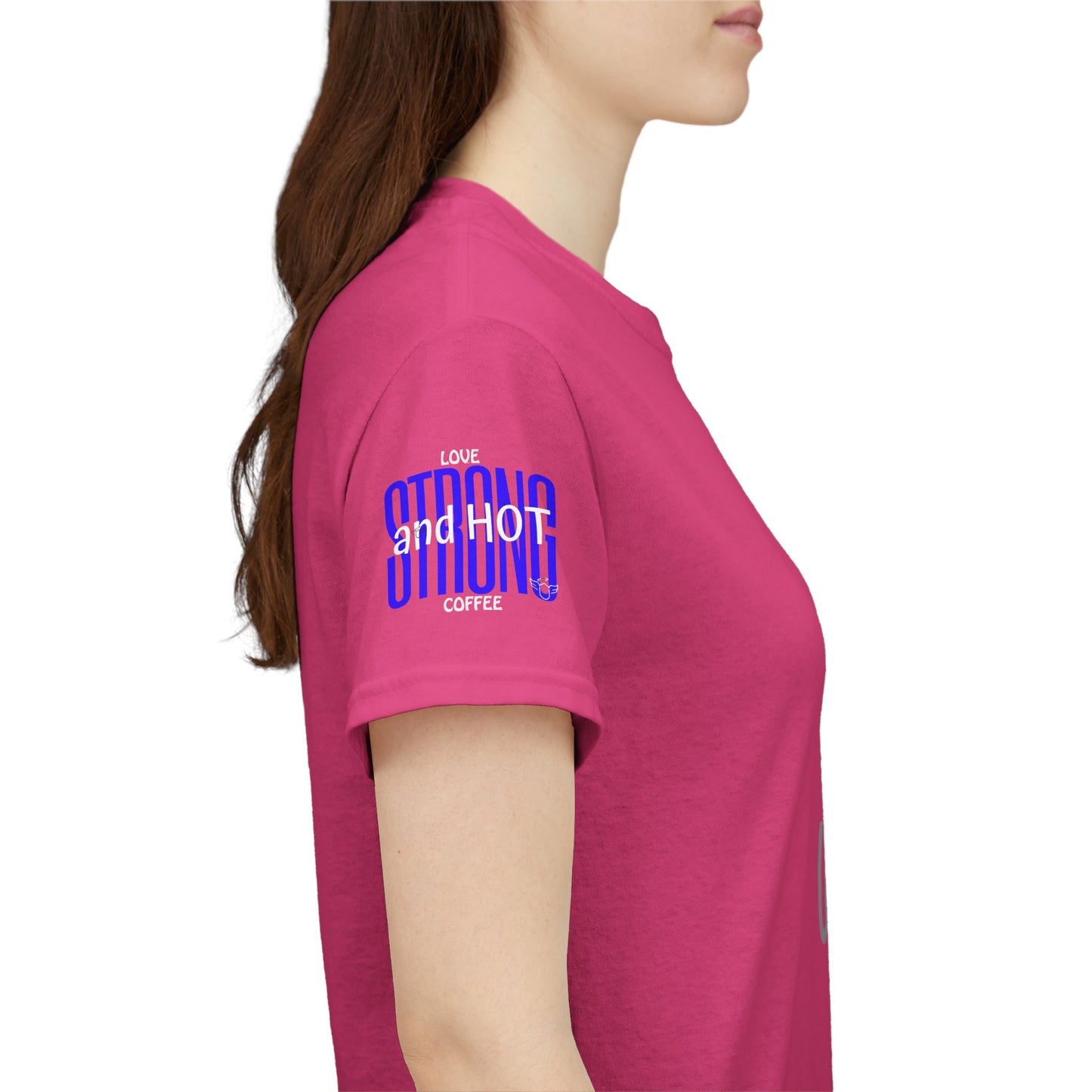 Coffee Lover Heavy Cotton Tee - I Love My Coffee Strong and Hot, Person wearing a pink t-shirt with text on the sleeve against a white background