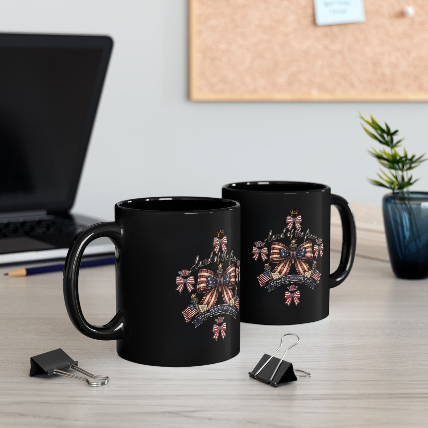 USA 250th ANNIVERSARY Ribbon Heart Black Mug — America 250 Years ANNIVERSARY Bow Ribbons Coffee Cup - Trending Novelties & Gifts
