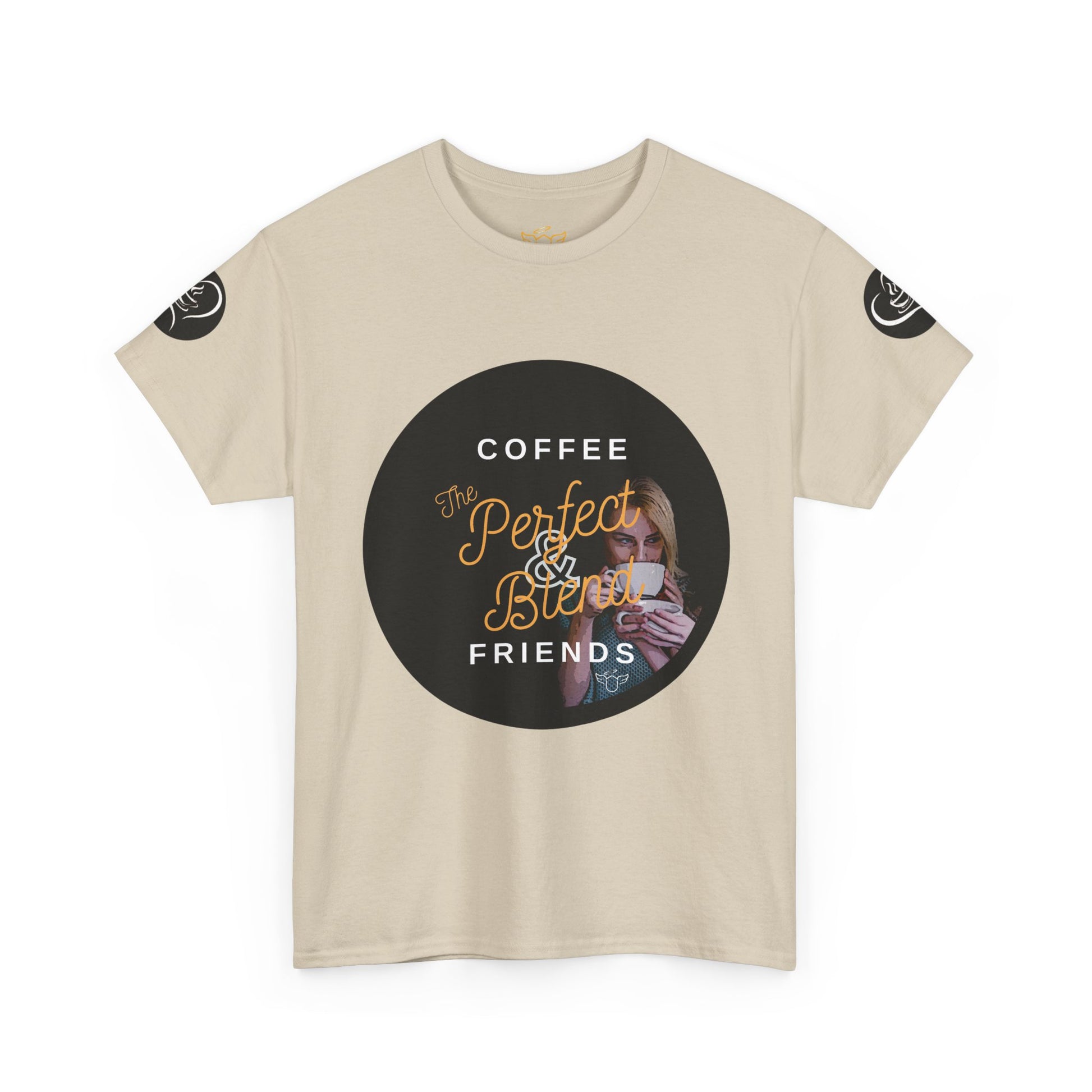 Coffee Lovers Ladies Tee - COFFEE and FRIENDS the Perfect Blend, Beige t-shirt with graphic design featuring text and a person holding a coffee cup on a white background
