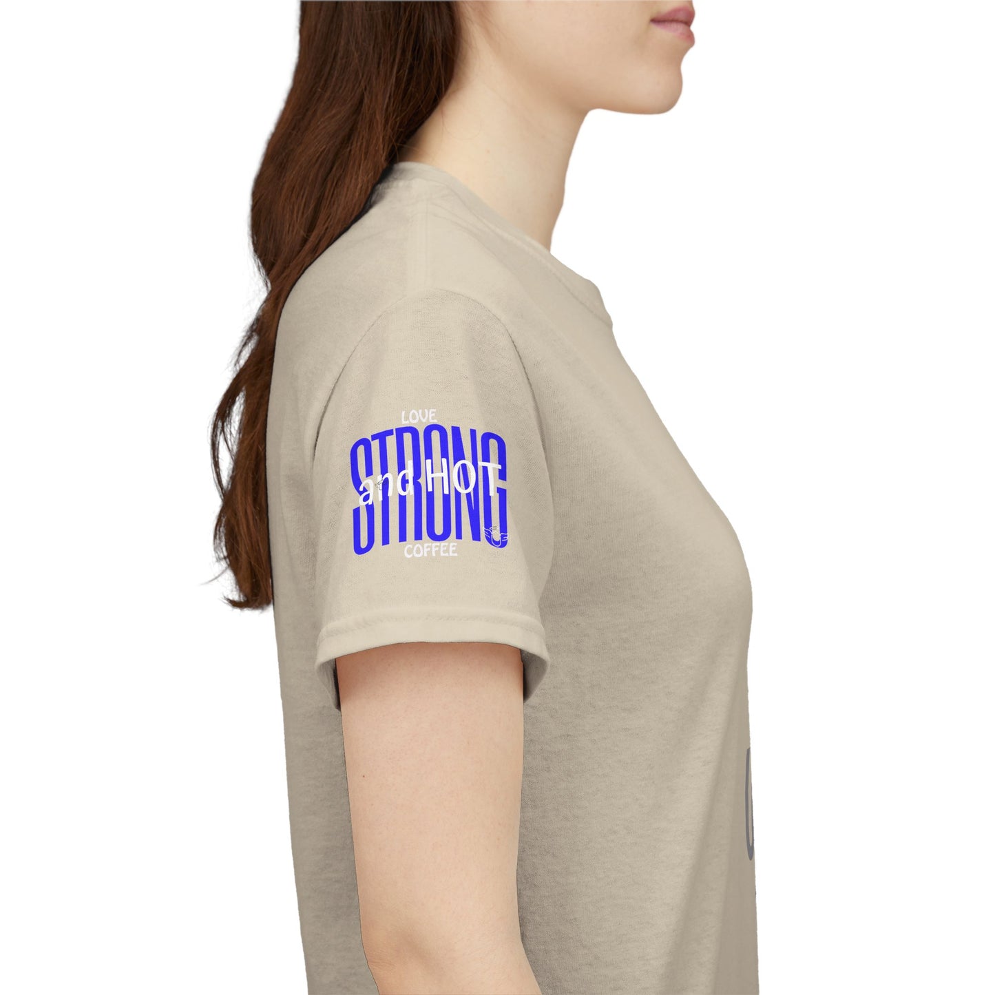 Coffee Lover Heavy Cotton Tee - I Love My Coffee Strong and Hot, Beige t-shirt with 'Strong and Hot' text on a white background