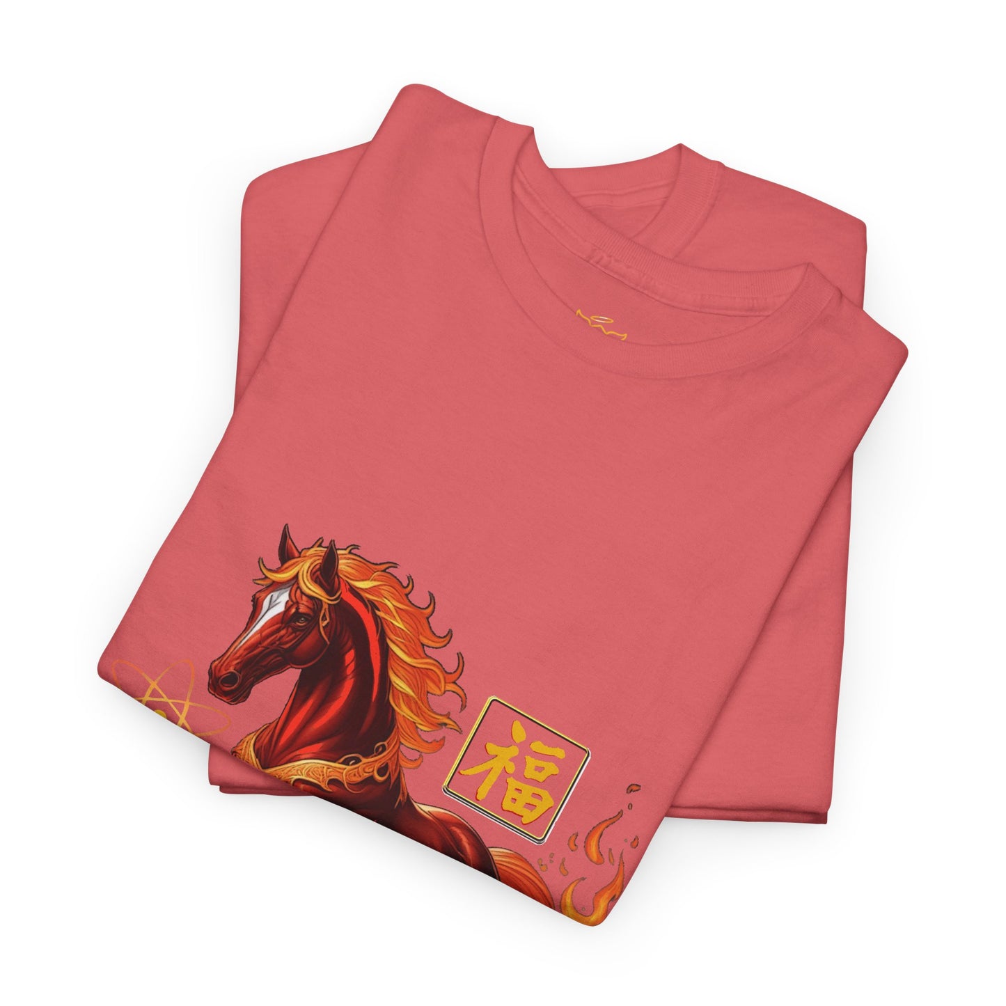 Lunar New Year Fiery Horse Novelty T-Shirt, Folded red t-shirt with horse design and Chinese characters on a white background