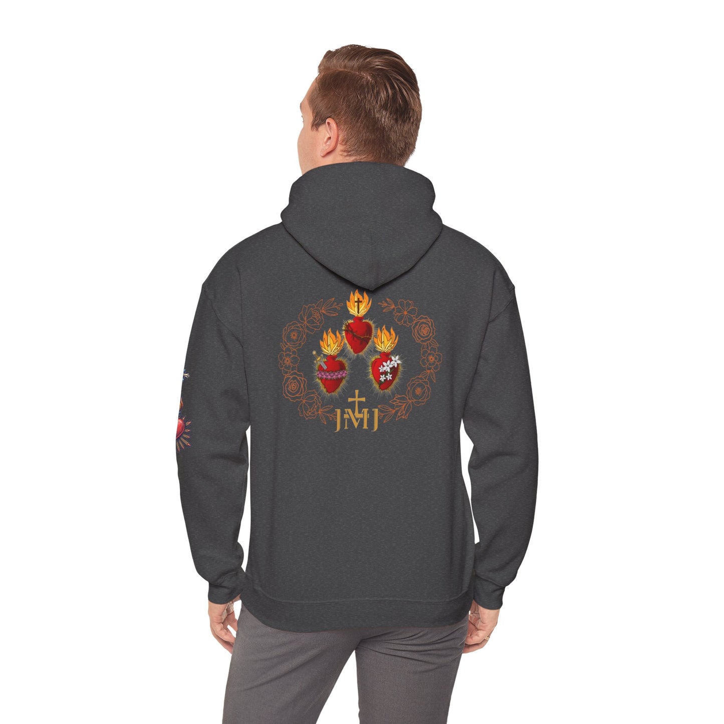 Sacred Hearts Hoodie — Three Flaming Hearts J.M.J. Devotional Sweatshirt (CT)