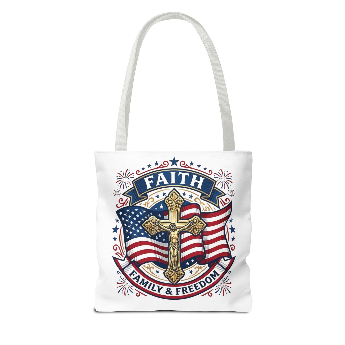Faith, Family & Freedom Tote Bag — Patriotic Cross American Flag Tote (USA 250th)