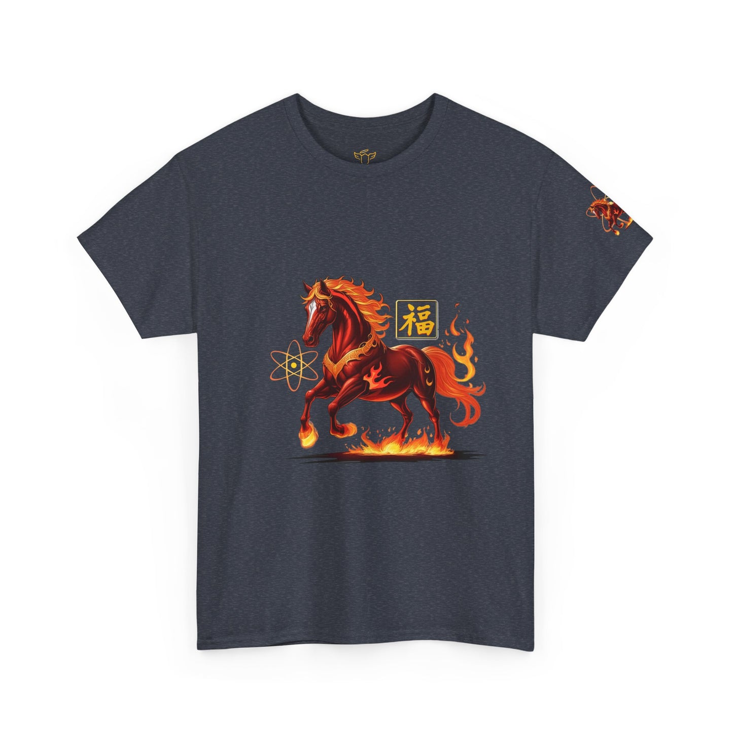 Lunar New Year Fiery Horse Novelty T-Shirt, Navy blue t-shirt with a fiery horse graphic on a white background