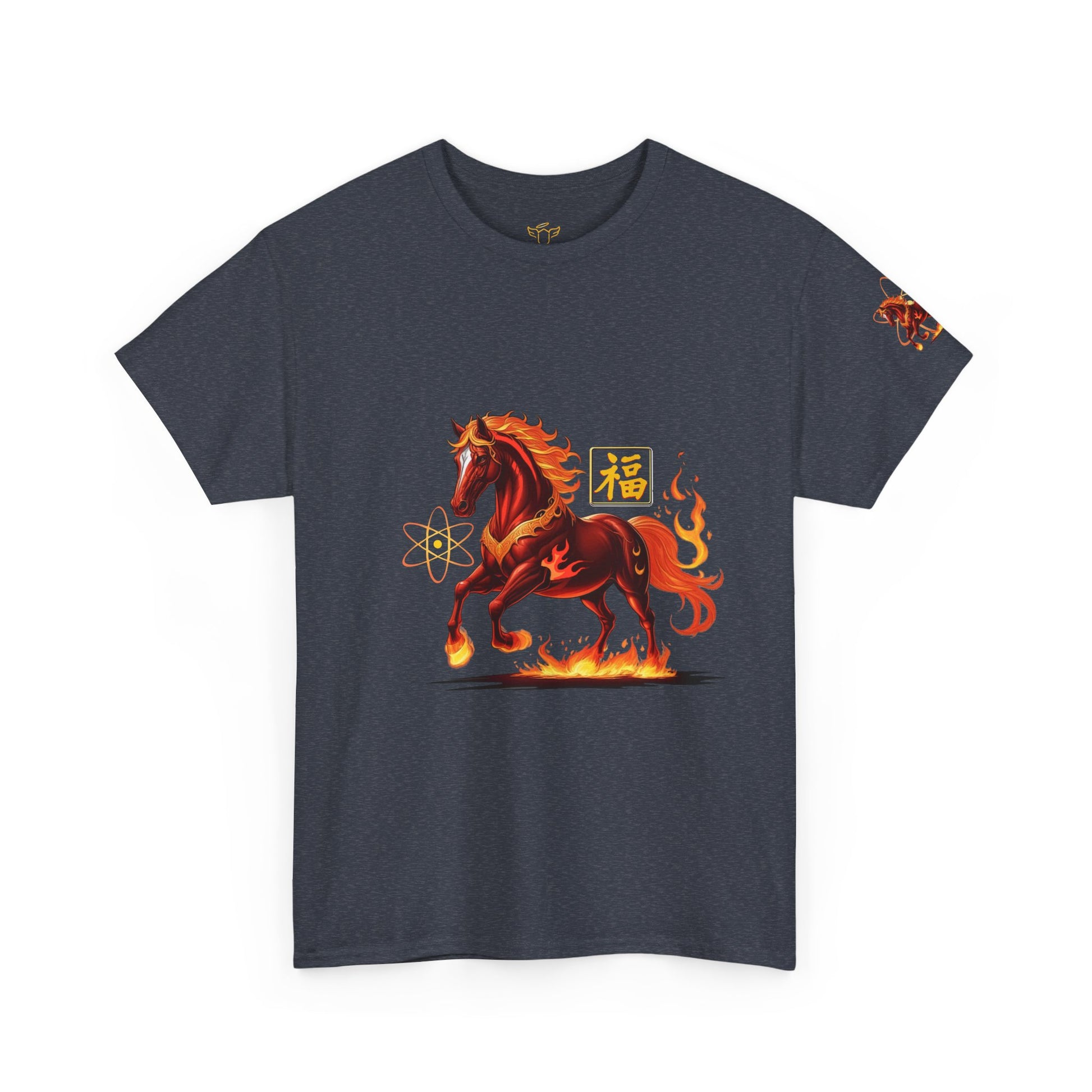 Lunar New Year Fiery Horse Novelty T-Shirt, Navy blue t-shirt with a fiery horse graphic on a white background