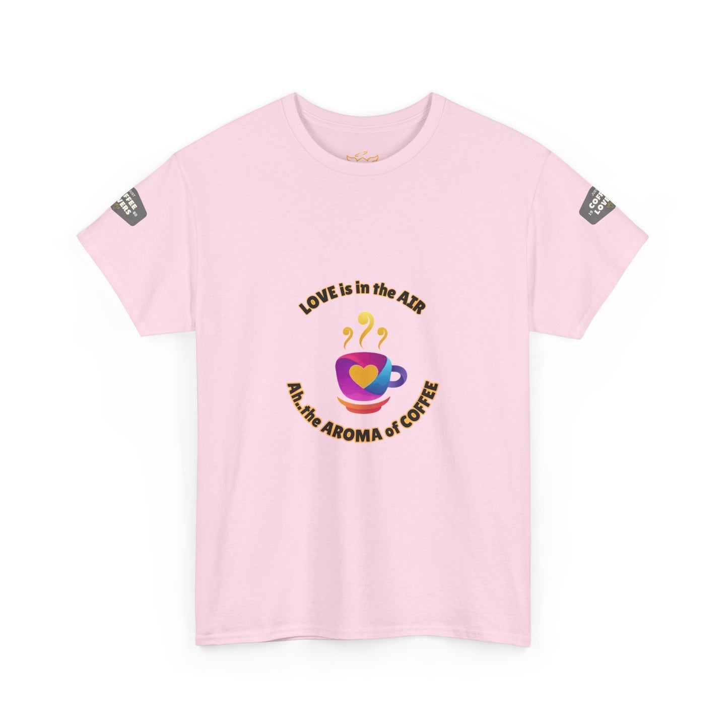 Coffee Lovers Tee with Quote - 'Love is in the Air Ah.. the Aroma of Coffee',  Pink t-shirt with a graphic design and text on a white background