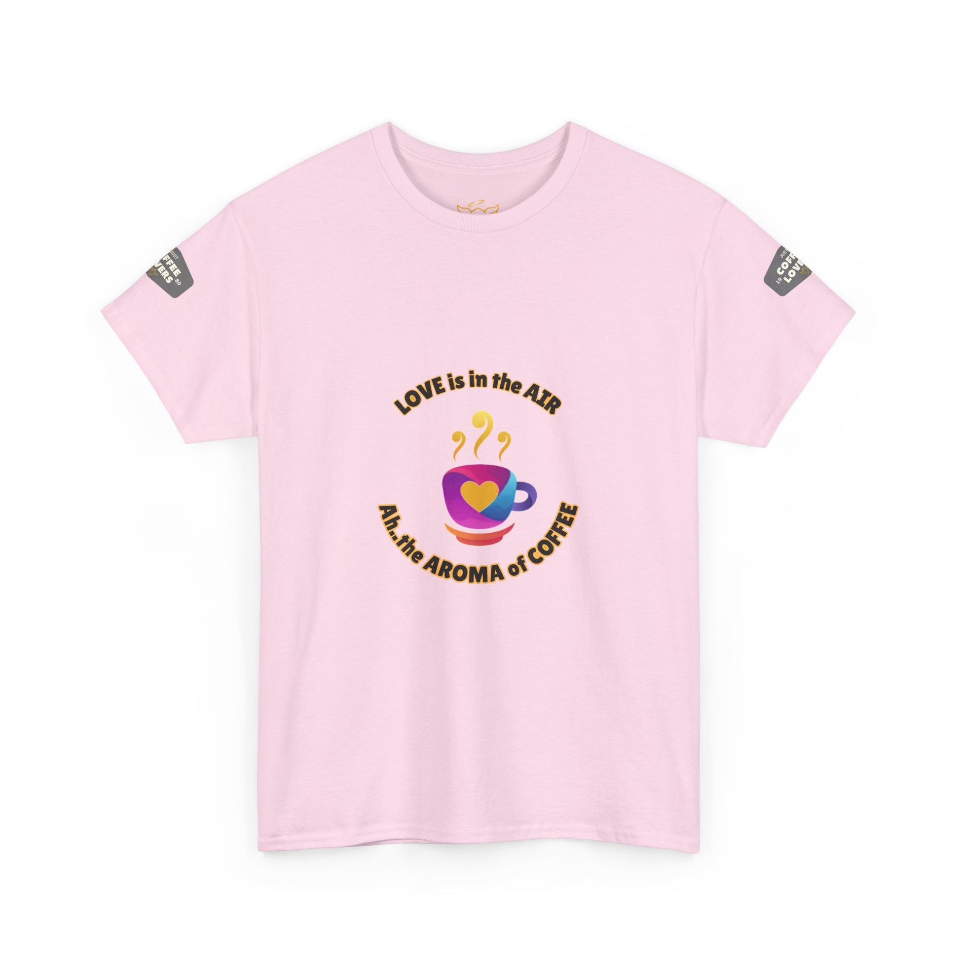 Coffee Lovers Tee with Quote - 'Love is in the Air Ah.. the Aroma of Coffee',  Pink t-shirt with a graphic design and text on a white background