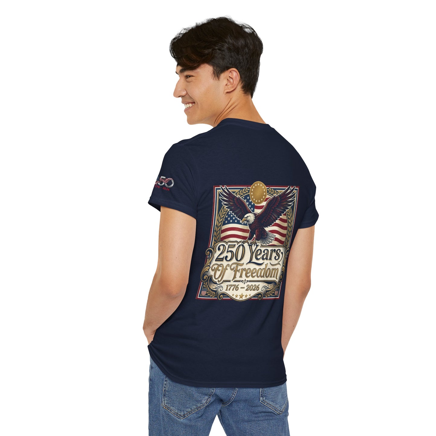 250 Years of Freedom T-Shirt — USA 250TH Anniversary Patriotic Eagle Tee, Person wearing a navy blue t-shirt with a graphic design on the back, featuring an eagle and text, on a white background.