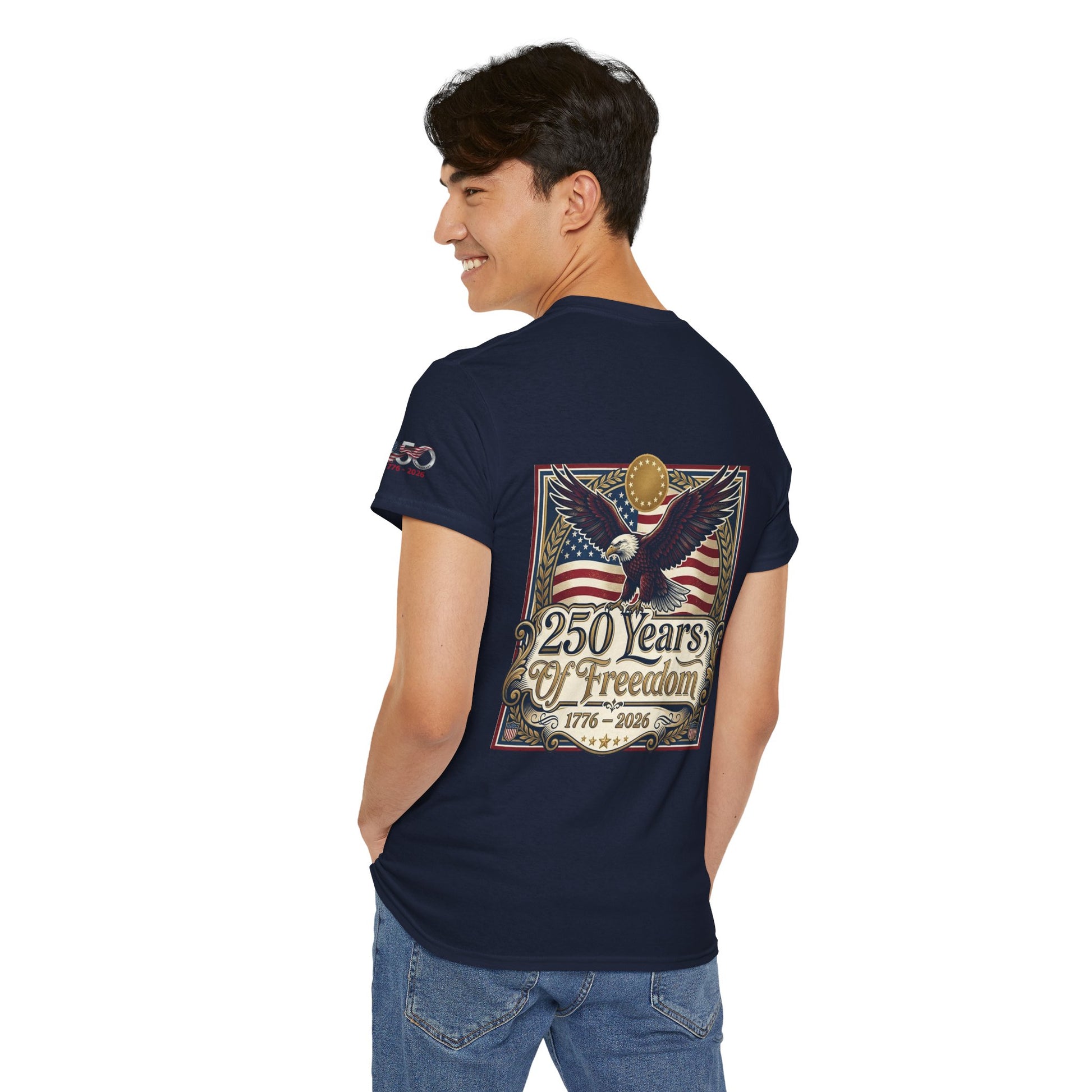 250 Years of Freedom T-Shirt — USA 250TH Anniversary Patriotic Eagle Tee, Person wearing a navy blue t-shirt with a graphic design on the back, featuring an eagle and text, on a white background.