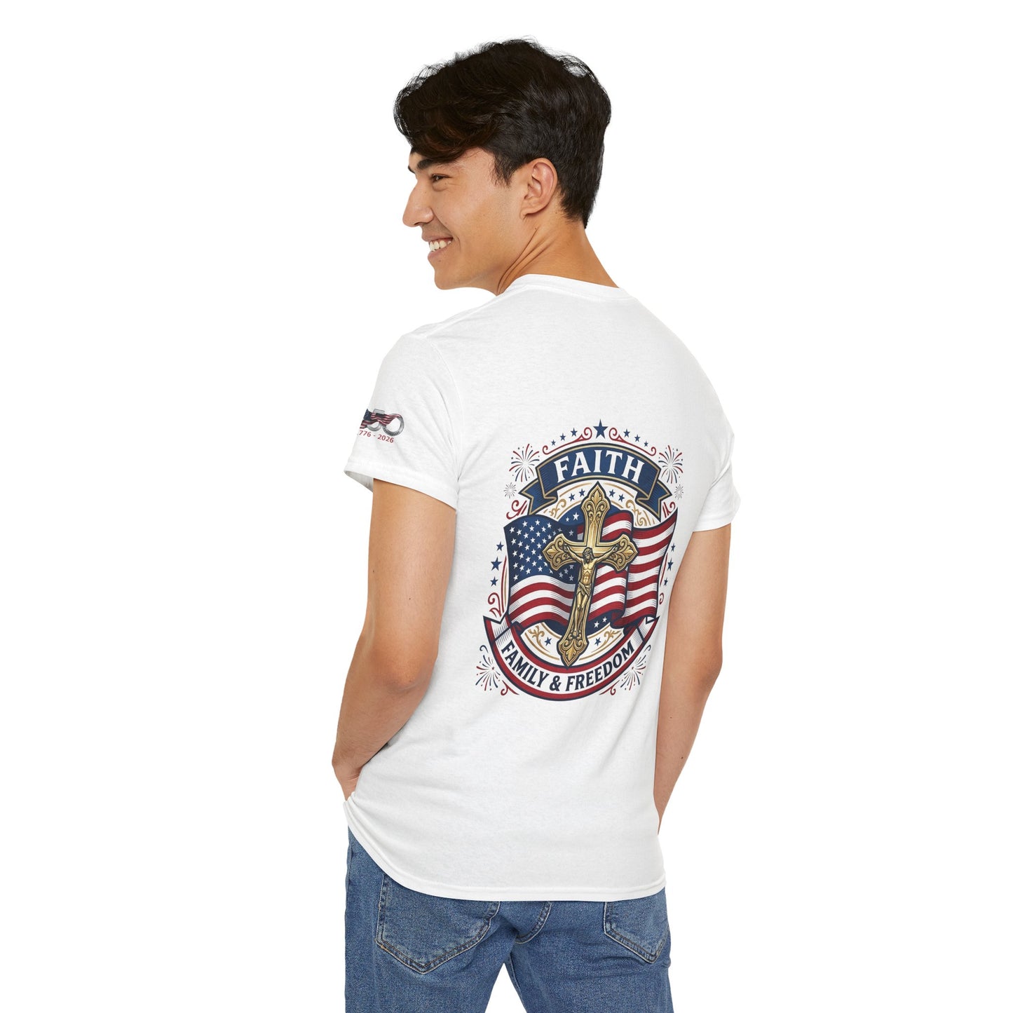 Catholic Faith, Family & Freedom T‑Shirt — Patriotic Cross American Flag Tee (USA 250th)