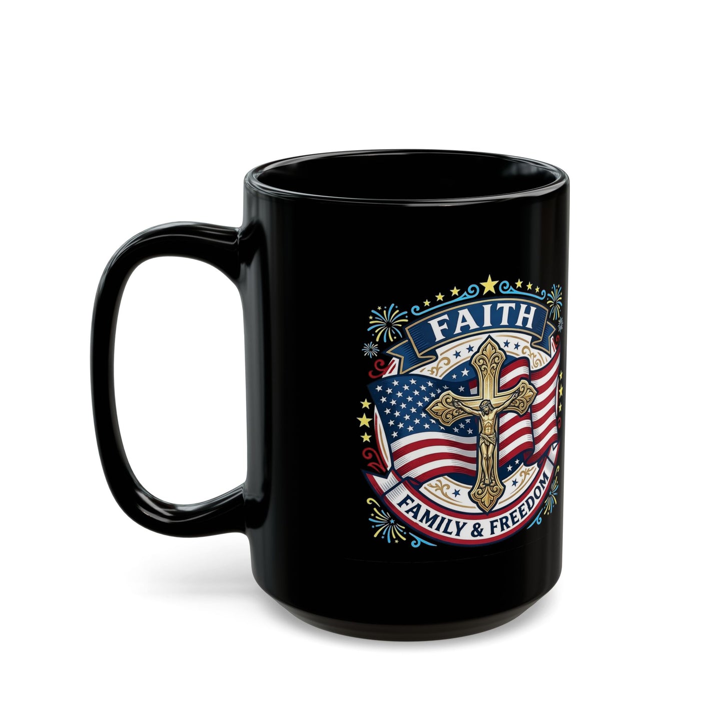 Faith, Family & Freedom Black Mug — American Flag Cross Ceramic Coffee Cup (USA 250th)