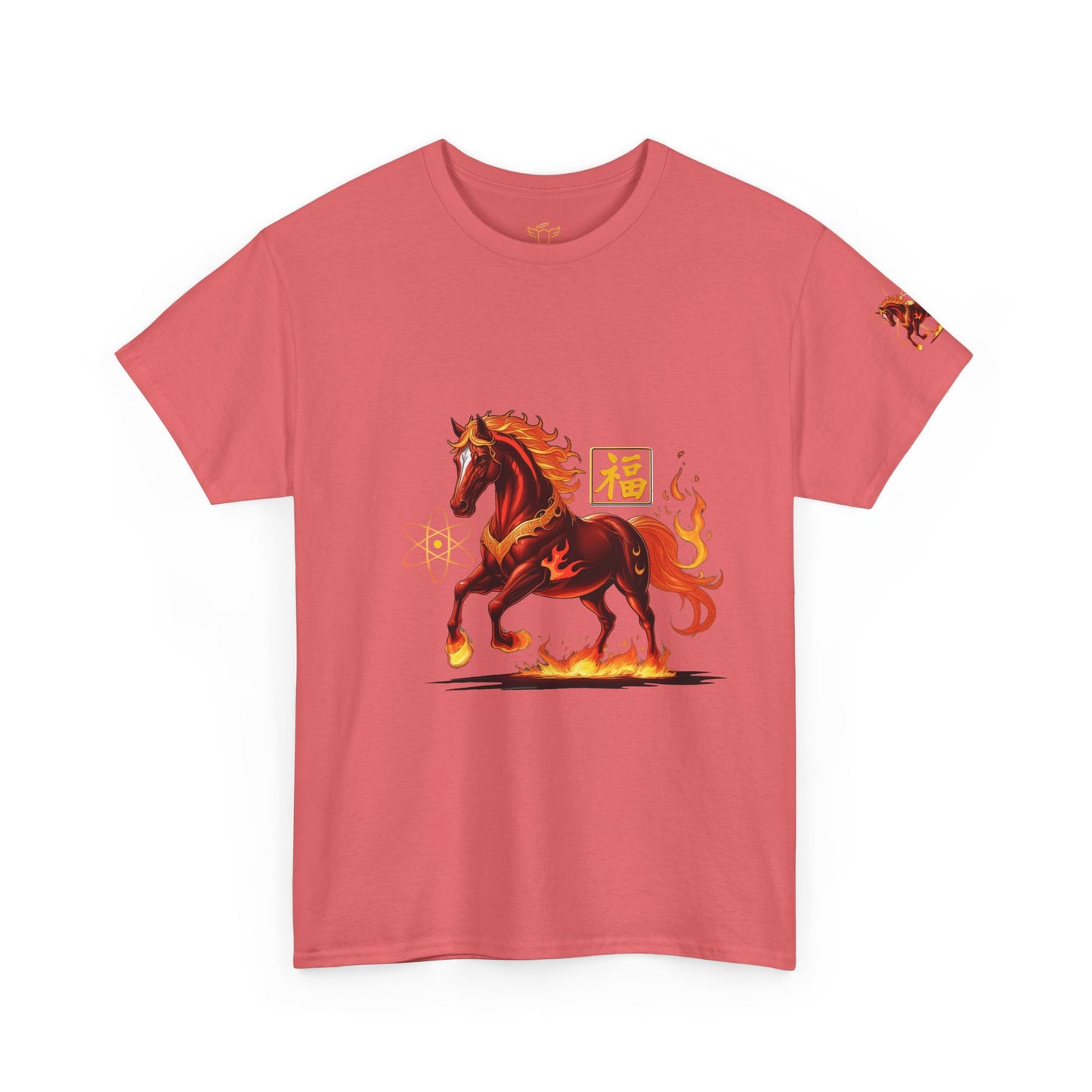 Lunar New Year Fiery Horse Novelty T-Shirt, Red t-shirt with a horse graphic and Chinese characters on a white background