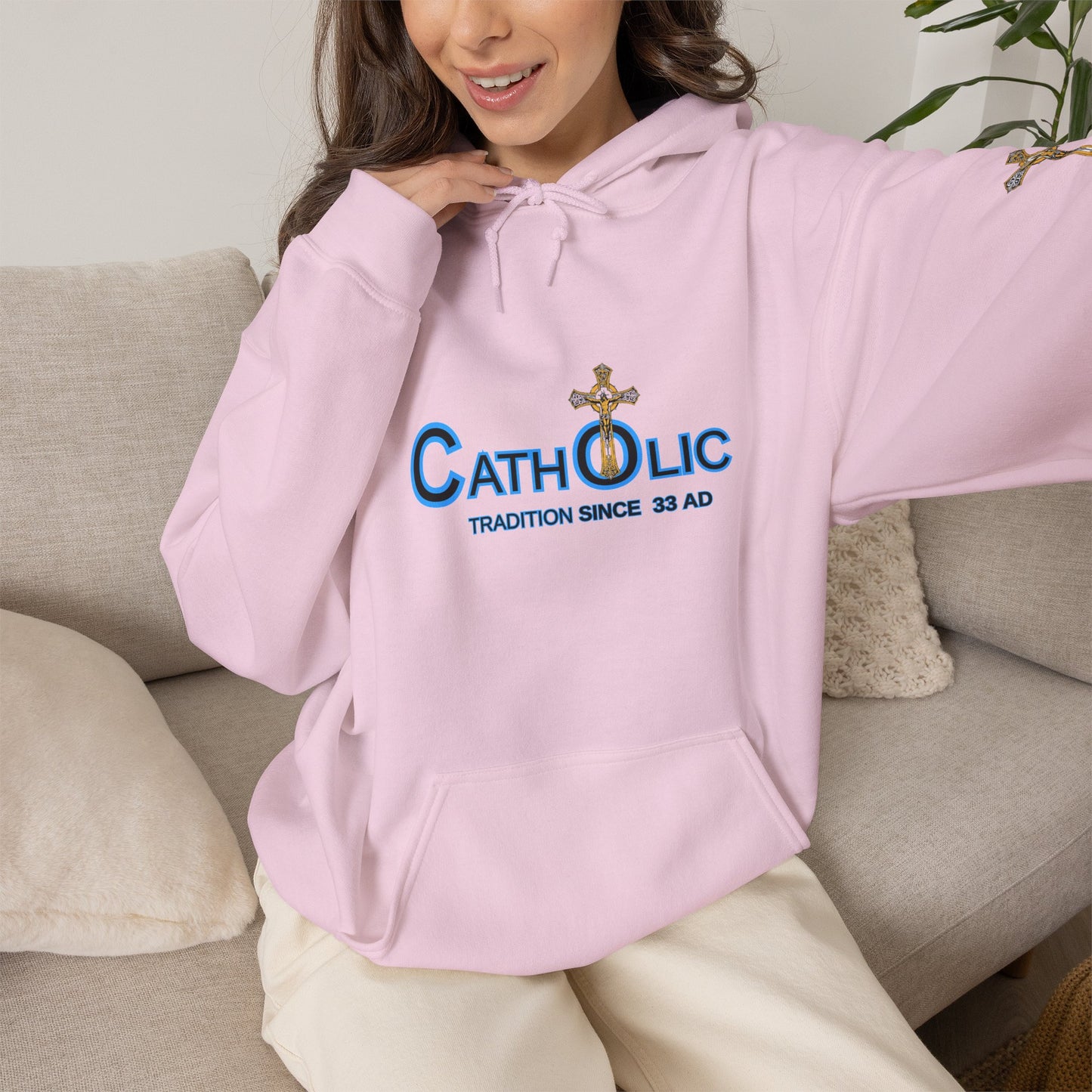 Catholic Hoodie - "Catholic: Tradition Since 33 AD" Pullover with Cross Accent (CT)
