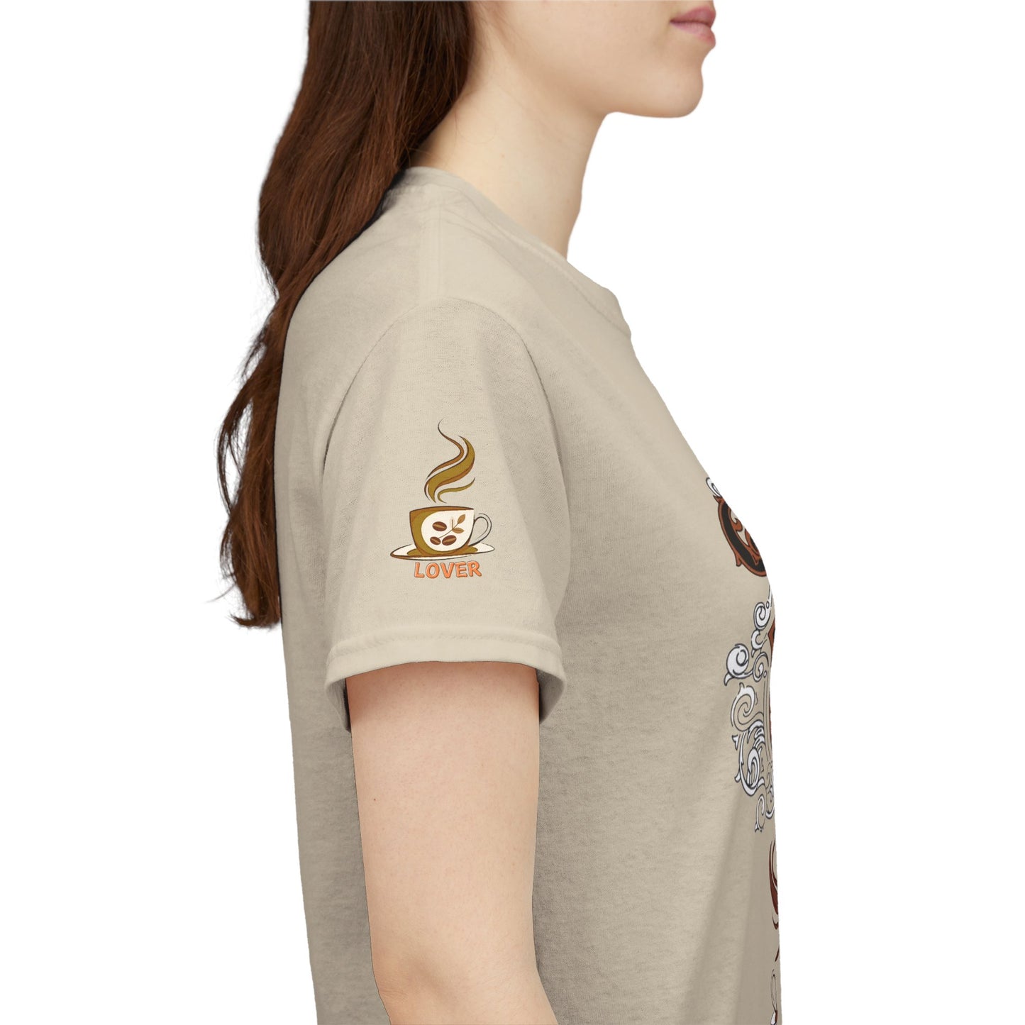 COFFEE LOVERS Cotton Tee - Coffee Makes Everything Better, Beige t-shirt with a coffee-themed design on a white background