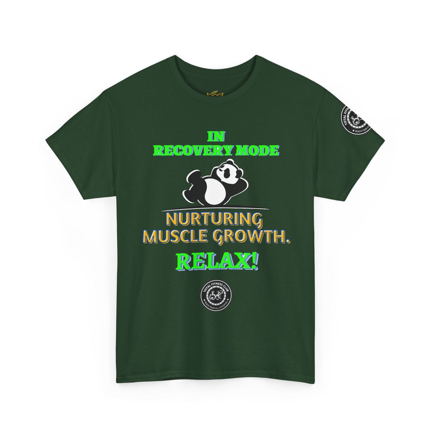 Fitness Funny Quotes T-shirt - Relax for Muscle Growth. Green t-shirt with humorous text and panda graphic on a white background