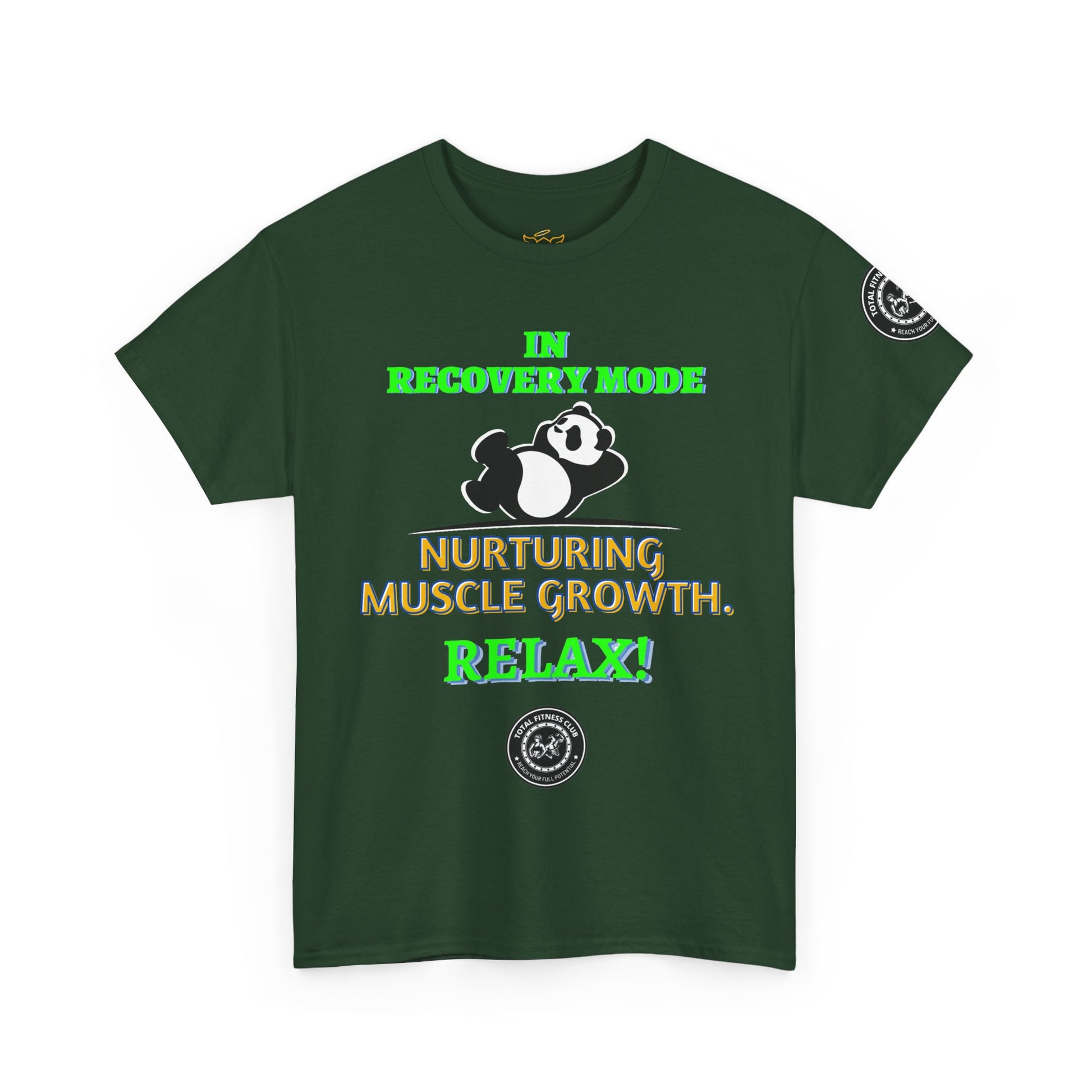 Fitness Funny Quotes T-shirt - Relax for Muscle Growth. Green t-shirt with humorous text and panda graphic on a white background