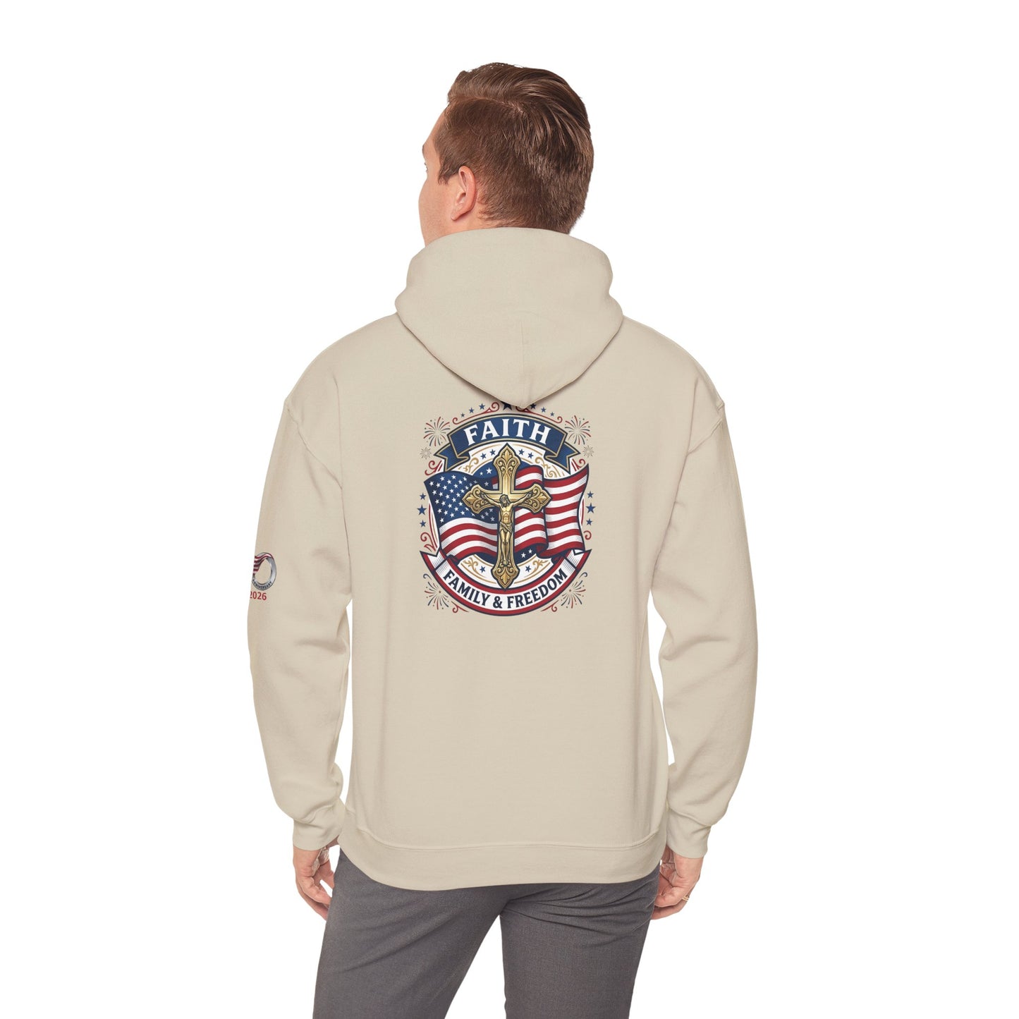 Catholic Faith, Family & Freedom Hoodie - Patriotic American Flag Cross Pullover (USA 250th)