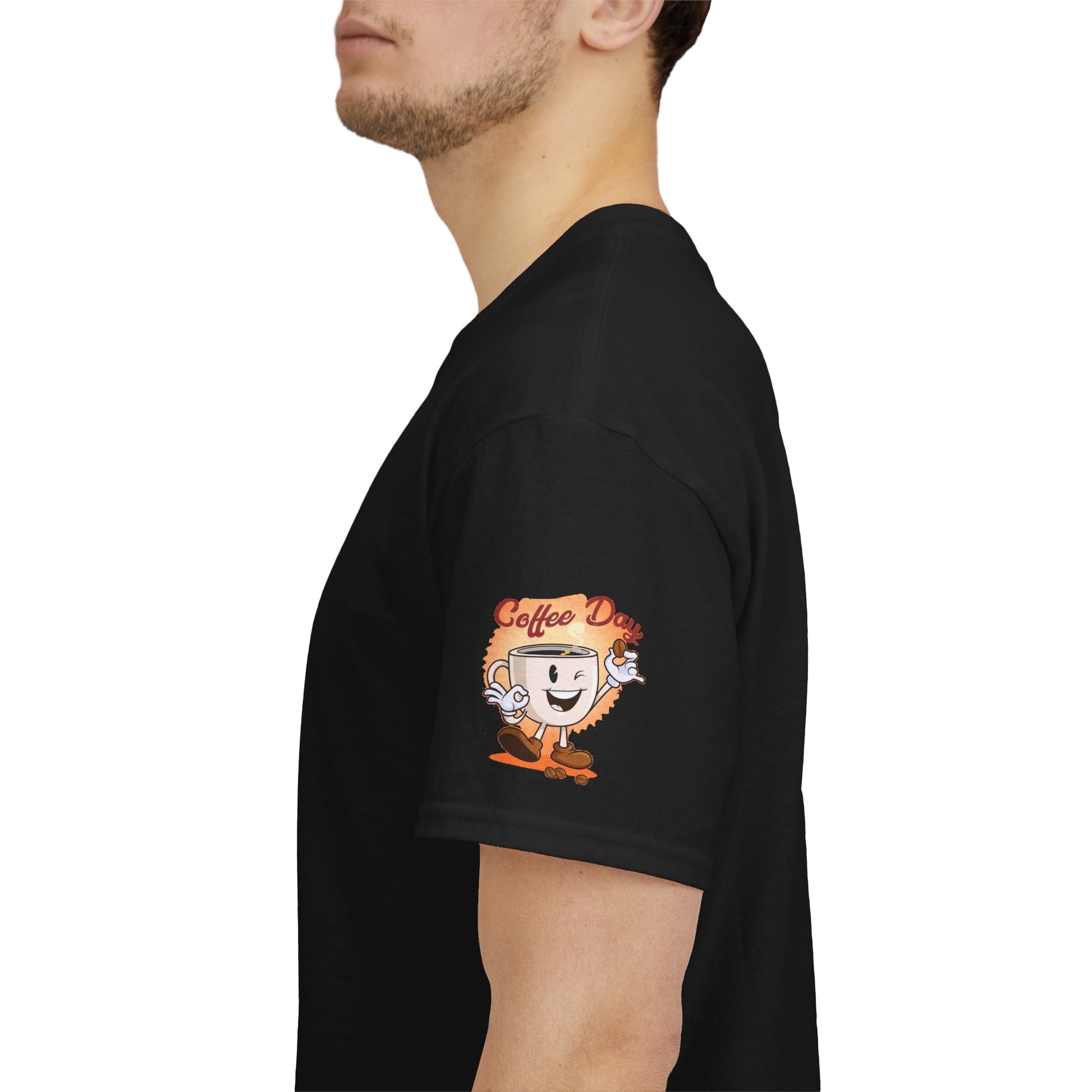 COFFEE LOVERS' T-SHIRT, Black t-shirt with a coffee-themed graphic on the sleeve, worn by a person.