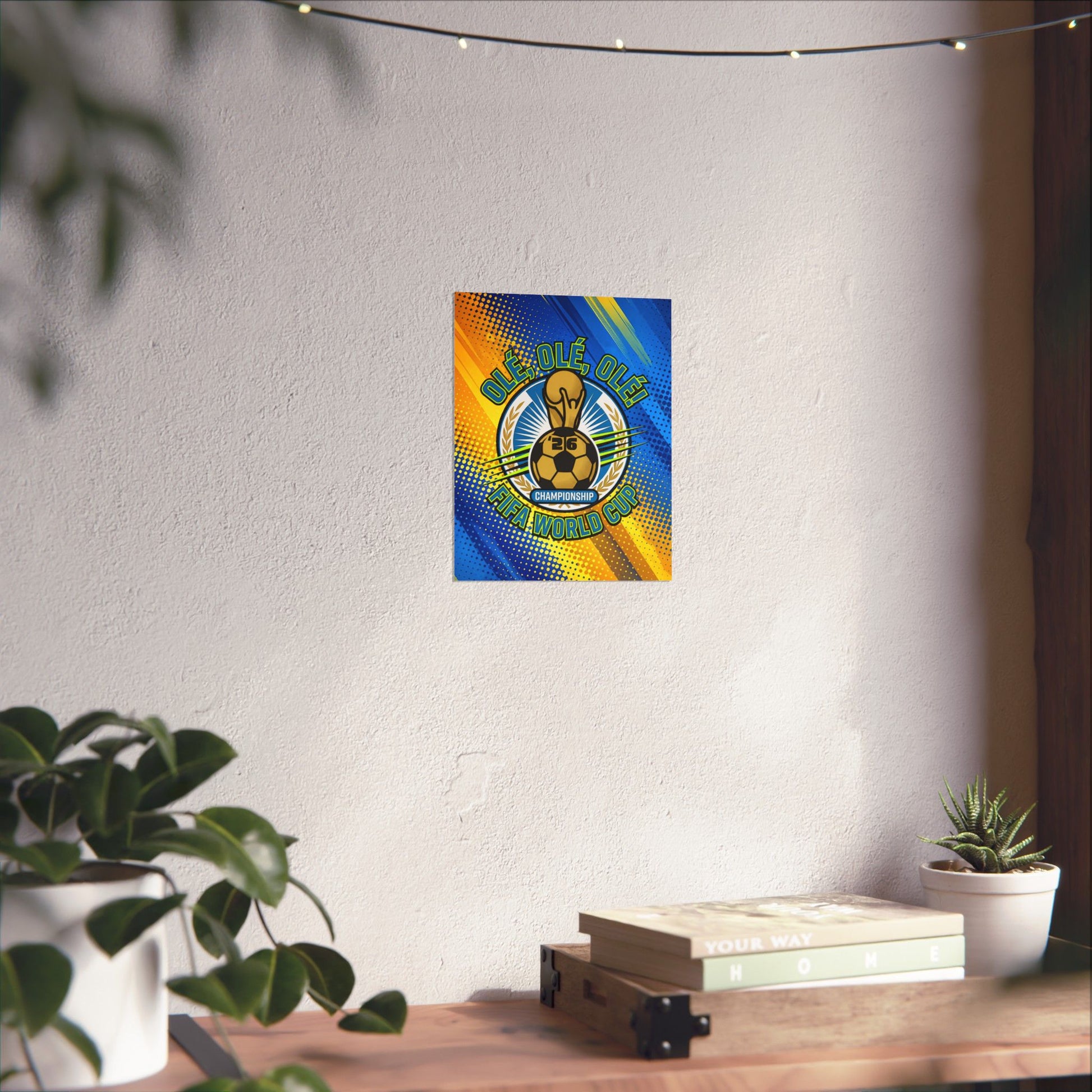 Colorful poster on a white wall with plants and books on a table below.