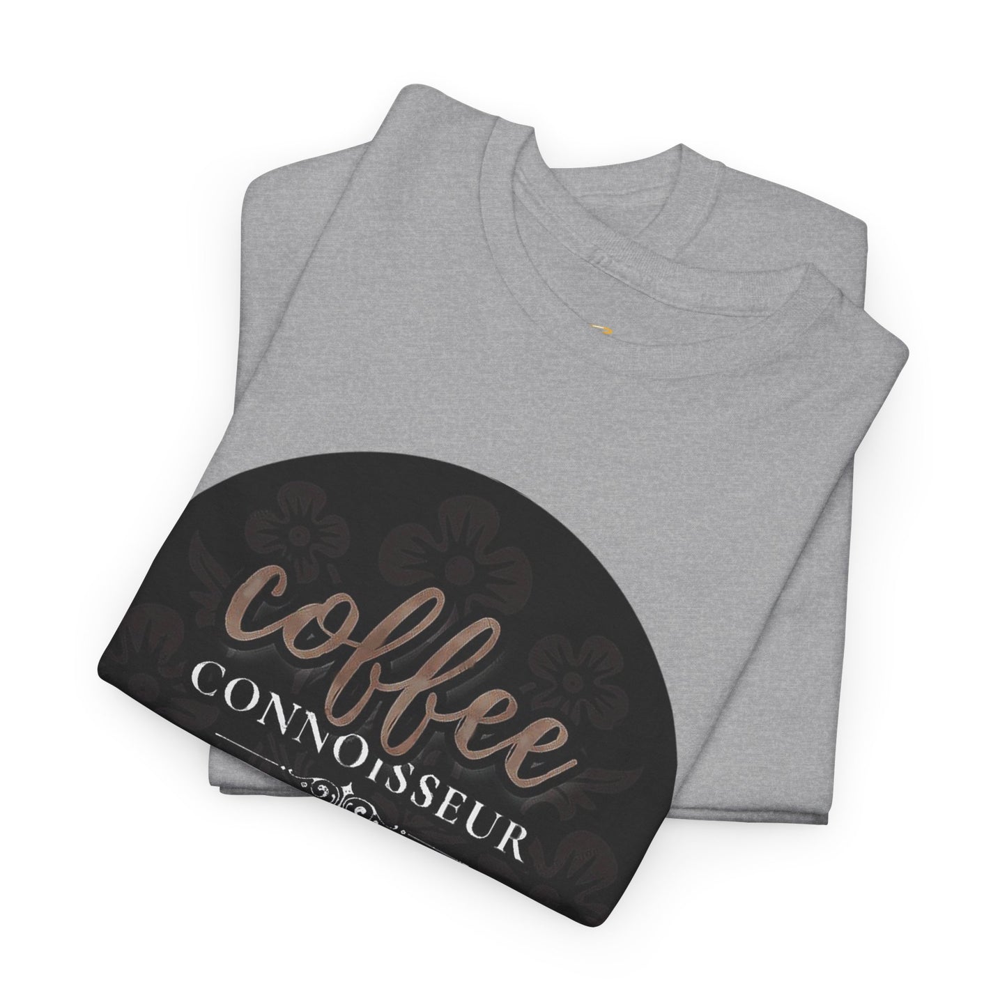 COFFEE LOVERS COTTON TEES For Connoisseurs, Folded gray t-shirt with 'coffee connoisseur' design on a white background