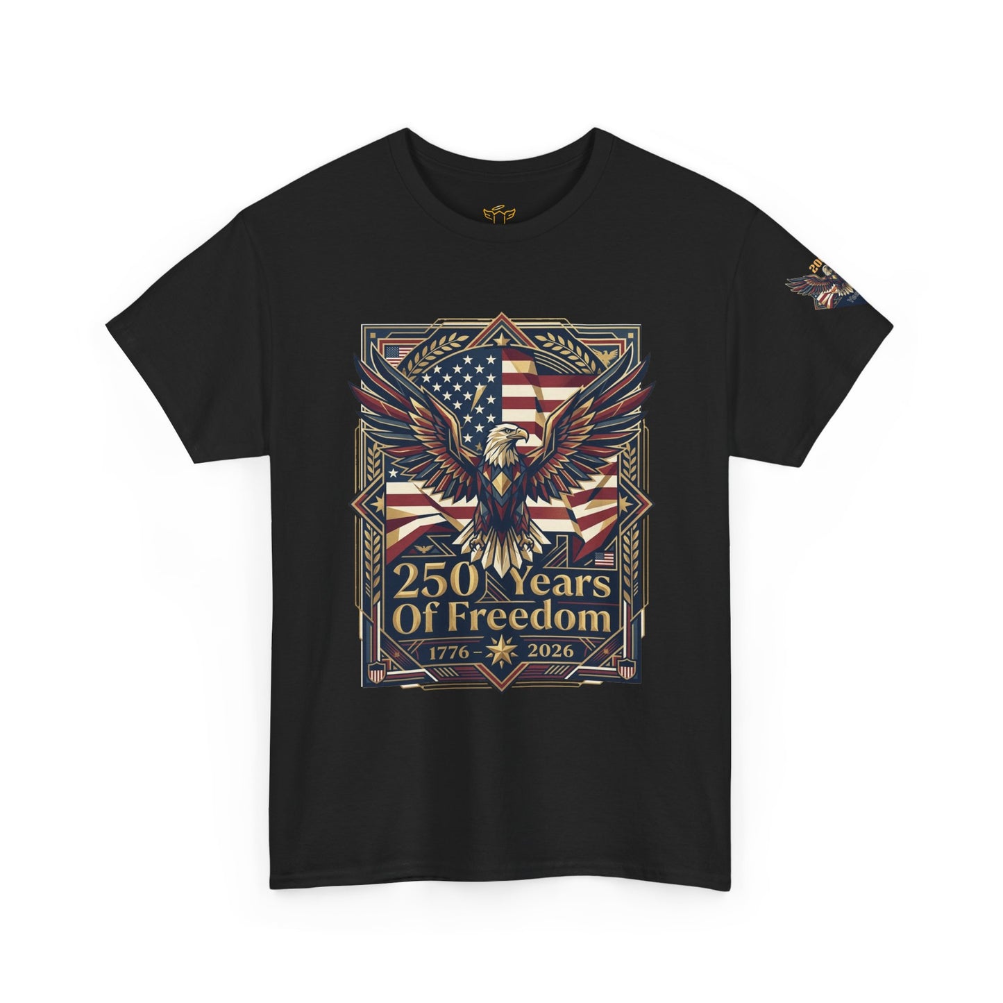 250 Years of Freedom Eagle T-Shirt, Black t-shirt with eagle and American flag design celebrating 250 years of freedom on a white background.