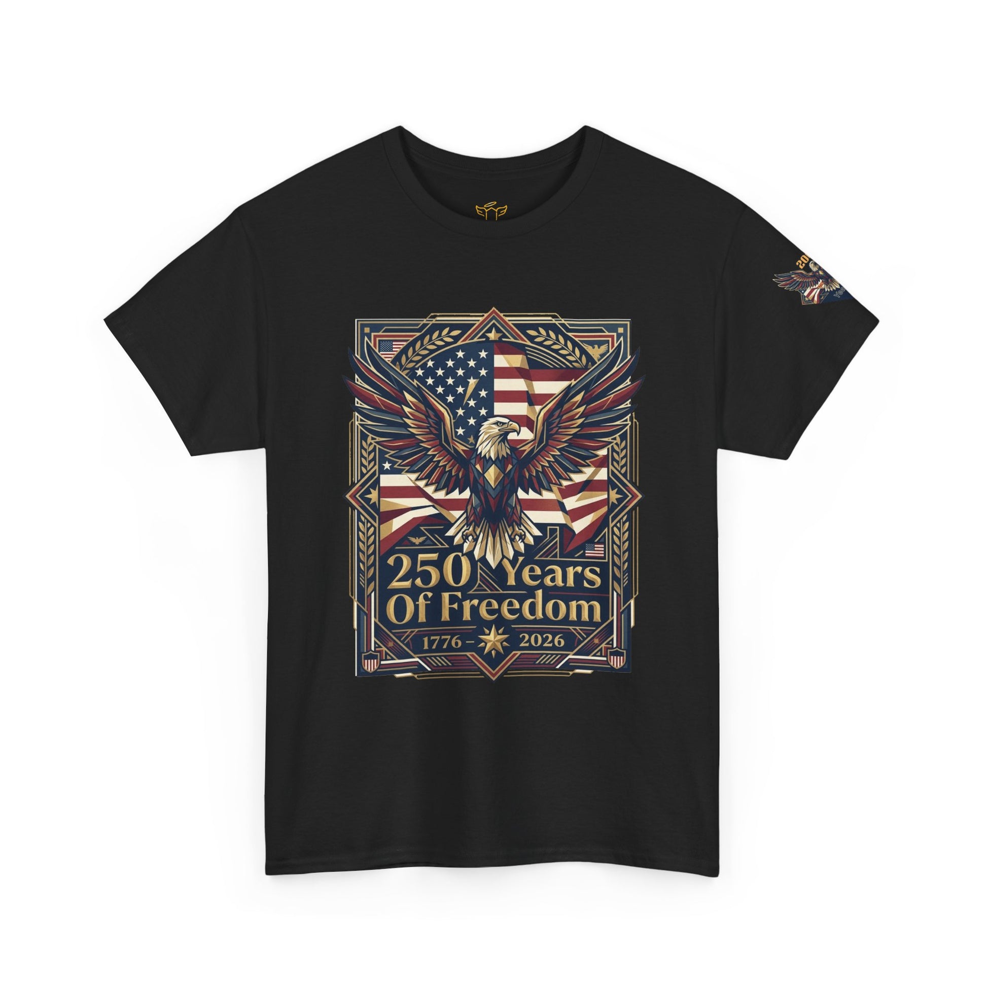 250 Years of Freedom Eagle T-Shirt, Black t-shirt with eagle and American flag design celebrating 250 years of freedom on a white background.