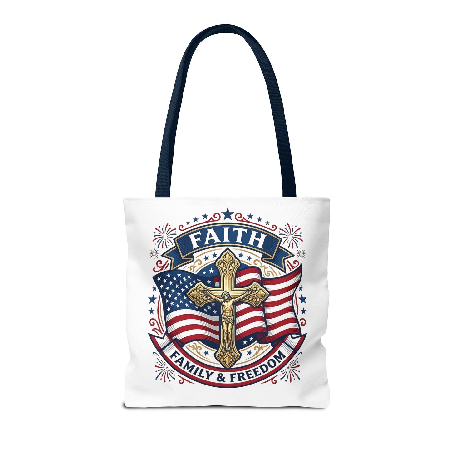 Faith, Family & Freedom Tote Bag — Patriotic Cross American Flag Tote (USA 250th)