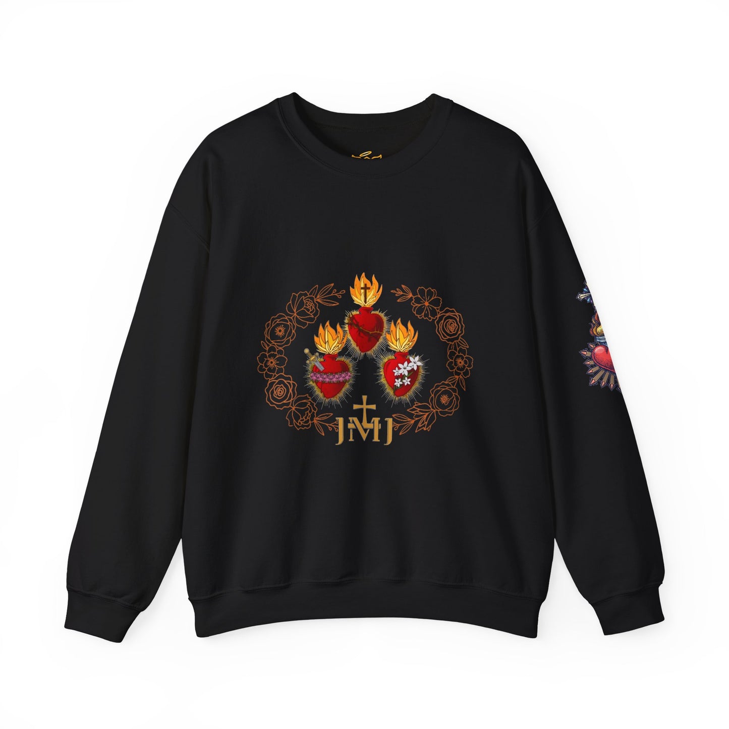 Sacred Hearts Crewneck Sweatshirt — Three Flaming Hearts with JMJ Cross (CT)