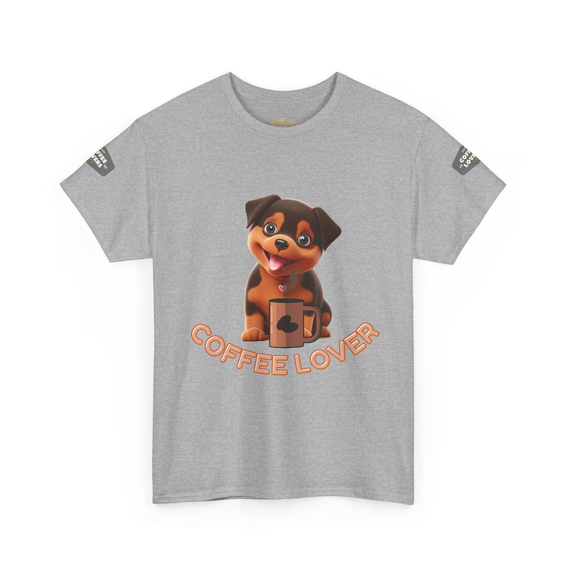 COFFEE LOVERS COTTON TEE for Dog Lovers. Gray t-shirt with a dog graphic and 'Coffee Lover' text on a white background