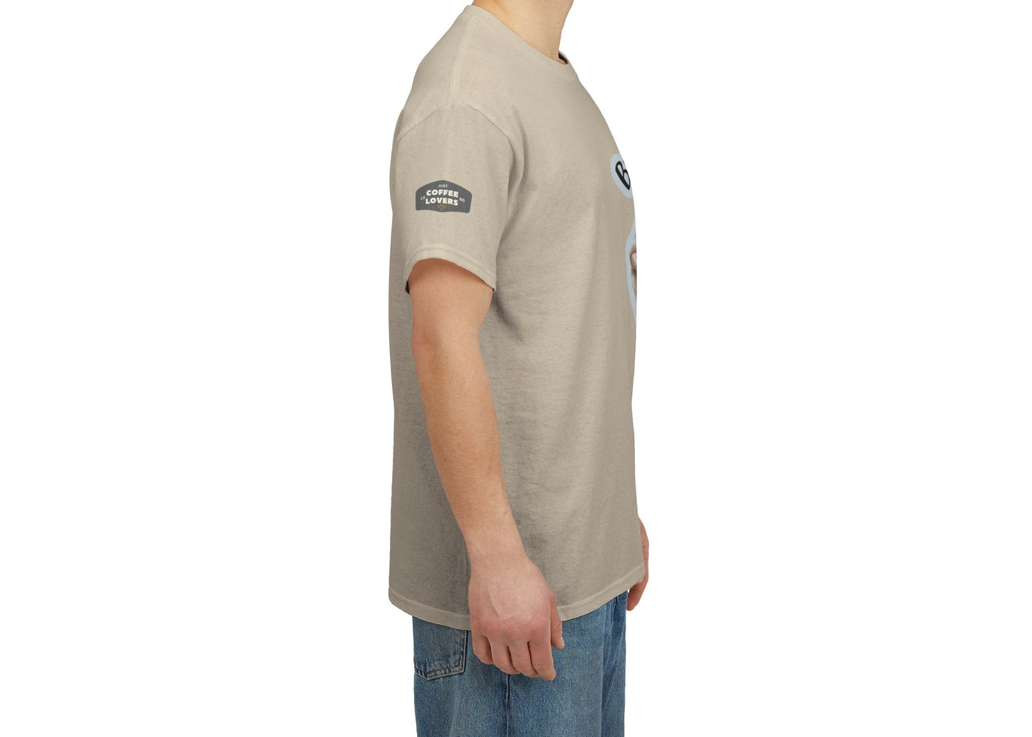 Coffee Lovers Cotton Tee - 'Better Late than Never', Man wearing a beige t-shirt with a logo on a white background