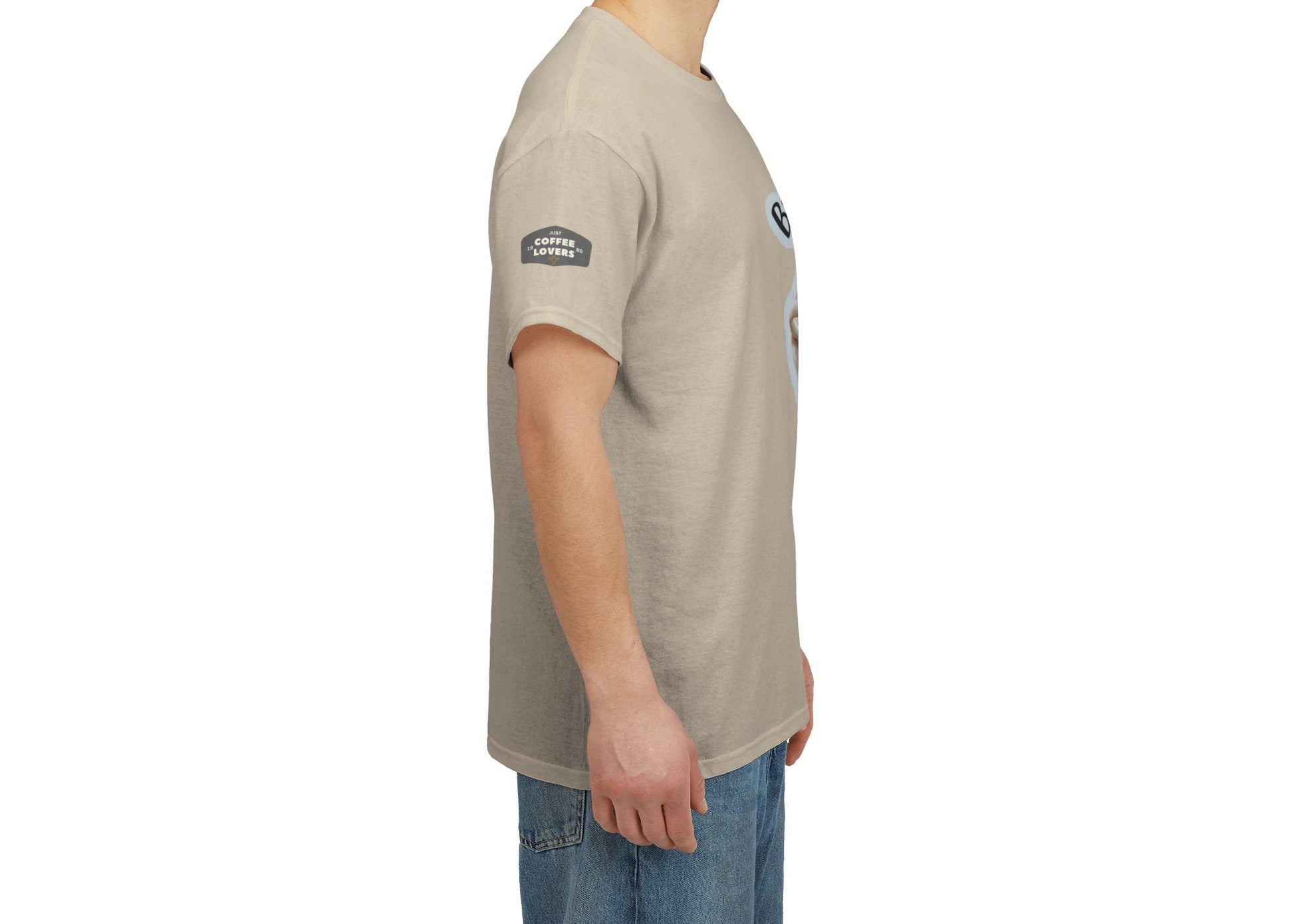 Coffee Lovers Cotton Tee - 'Better Late than Never', Man wearing a beige t-shirt with a logo on a white background