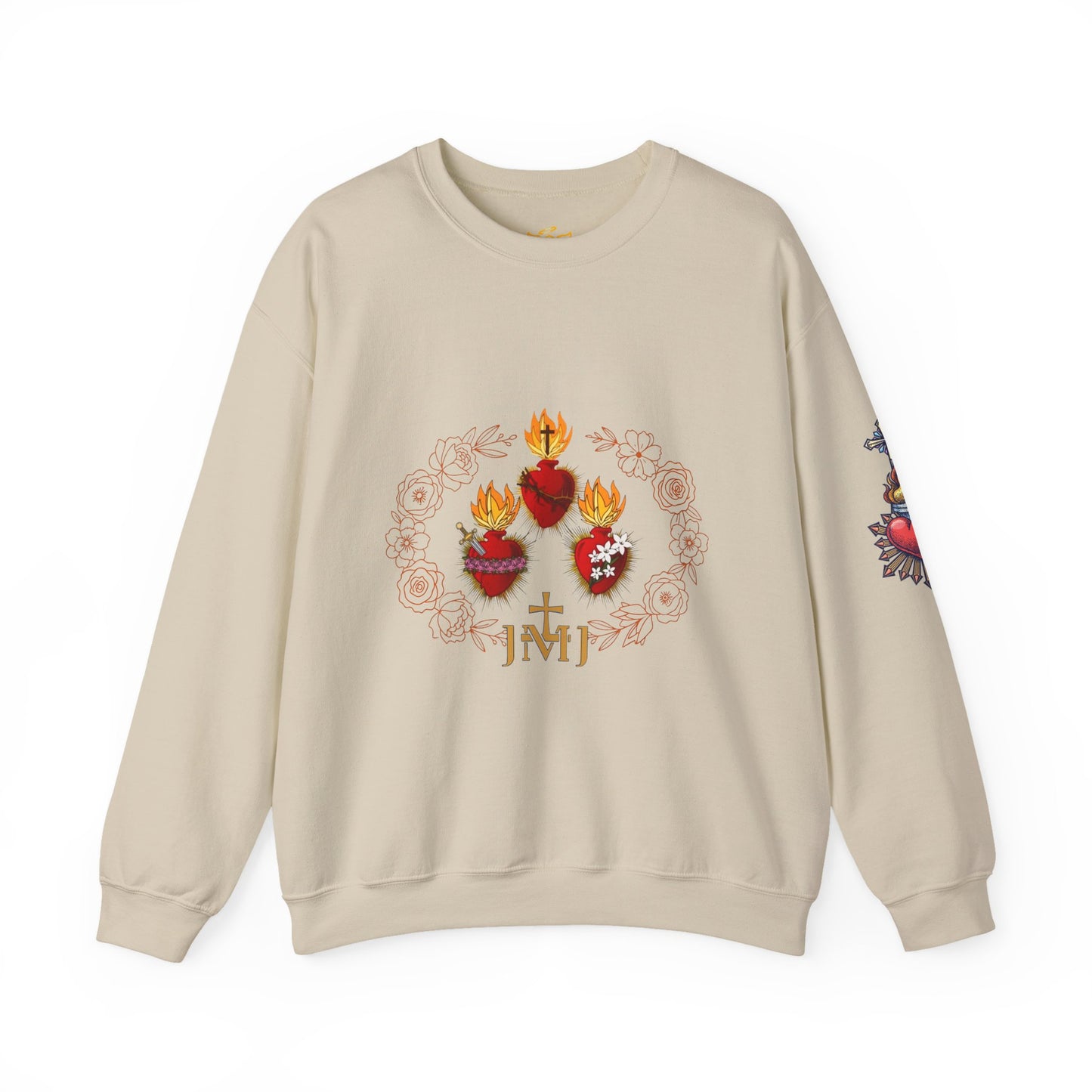Sacred Hearts Crewneck Sweatshirt — Three Flaming Hearts with JMJ Cross (CT)