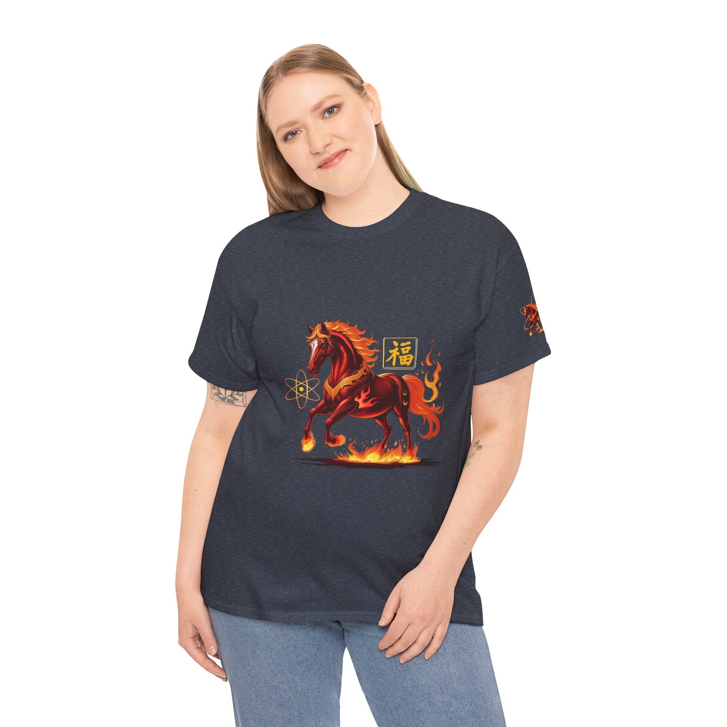 Lunar New Year Fiery Horse Novelty T-Shirt, Person wearing a black t-shirt with a horse graphic design on a white background