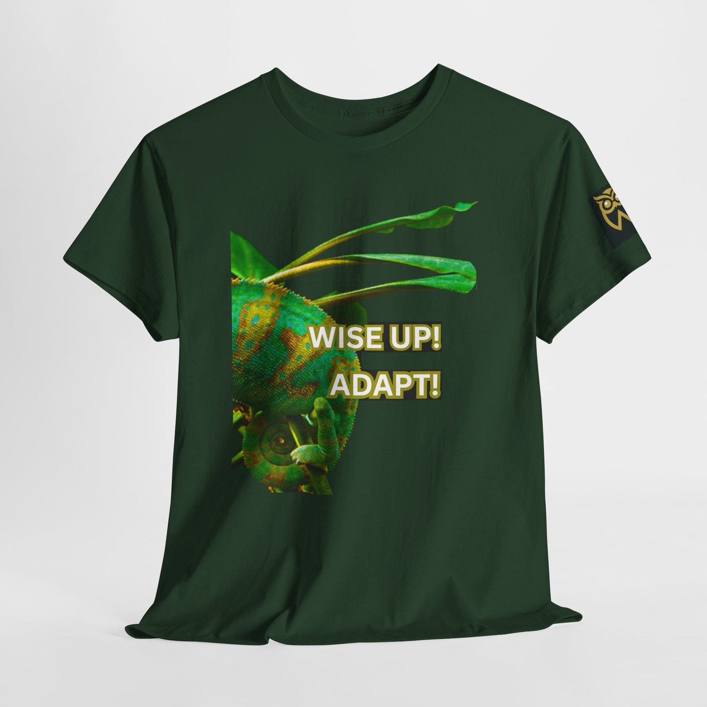 Wise Up Adapt! Motivational T-shirt — 'Wise Up! Stay Sharp!' Graphic Novelty Tee, Green t-shirt with a graphic design and text 'WISE UP! ADAPT!' on a white background