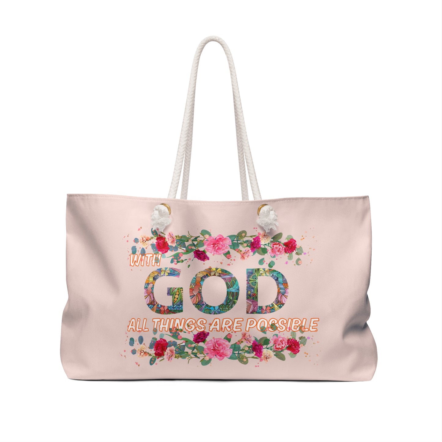 Tote bag with floral design and motivational quote on a white background