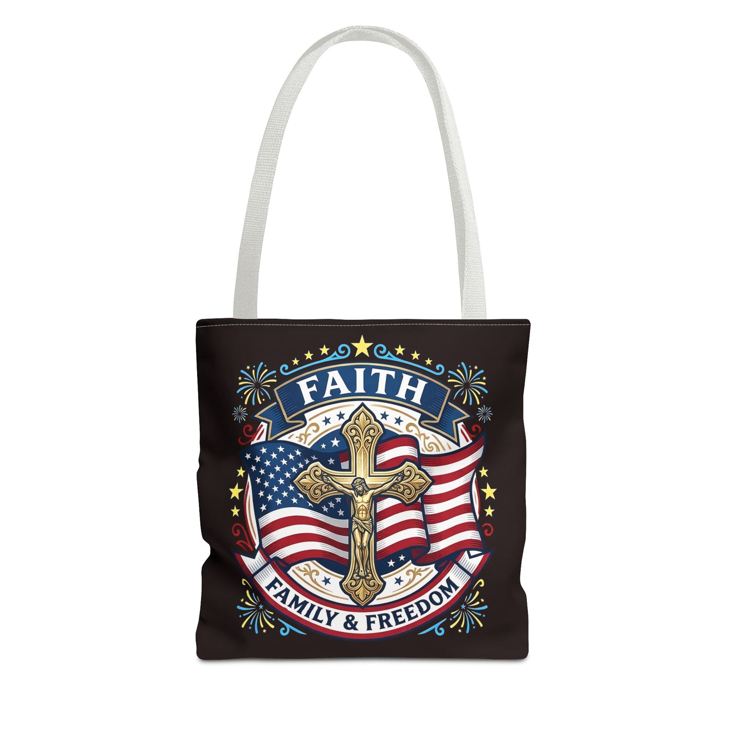 Faith, Family & Freedom Cross Bag — Patriotic American Flag Canvas Tote (USA 250th)
