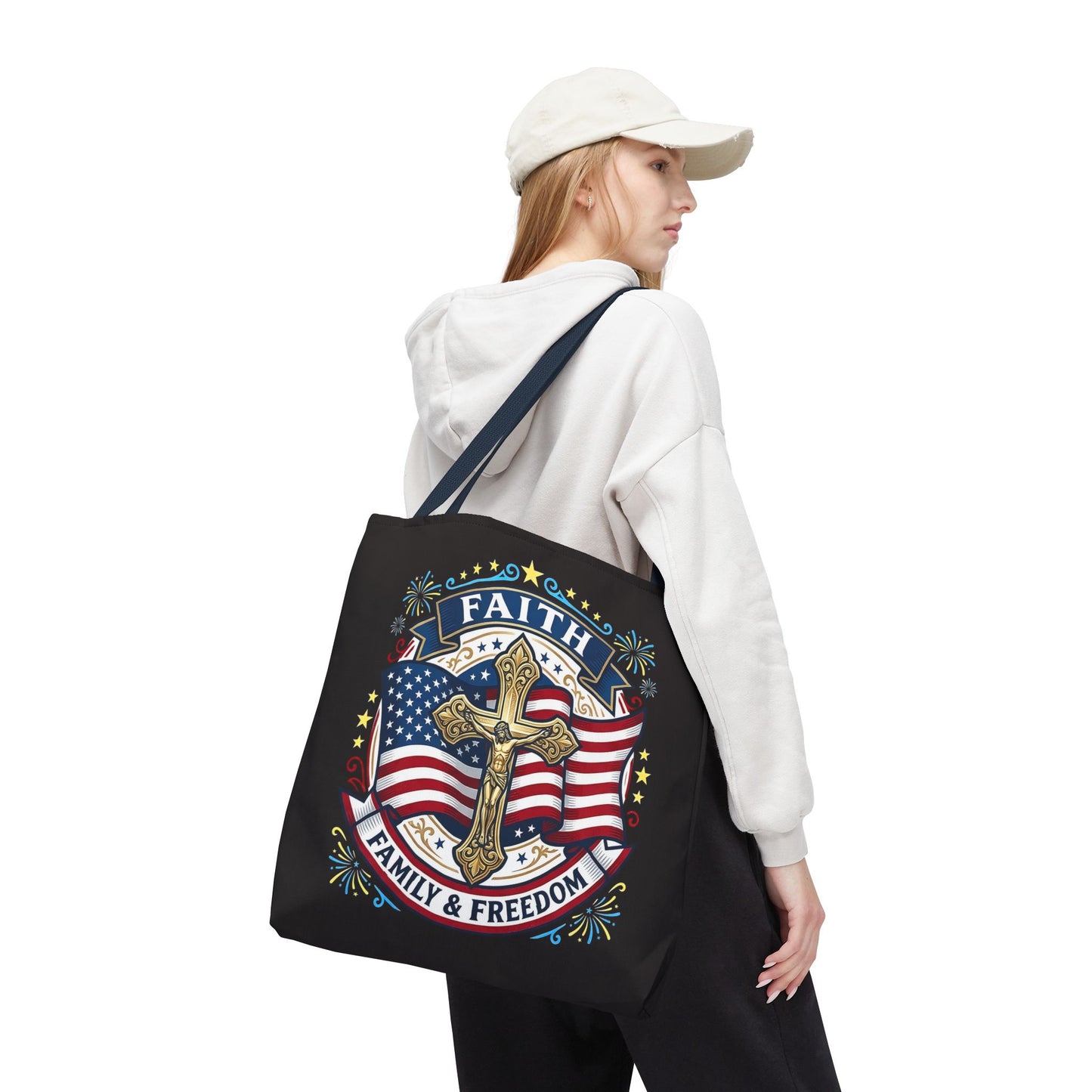 Faith, Family & Freedom Cross Bag — Patriotic American Flag Canvas Tote (USA 250th)