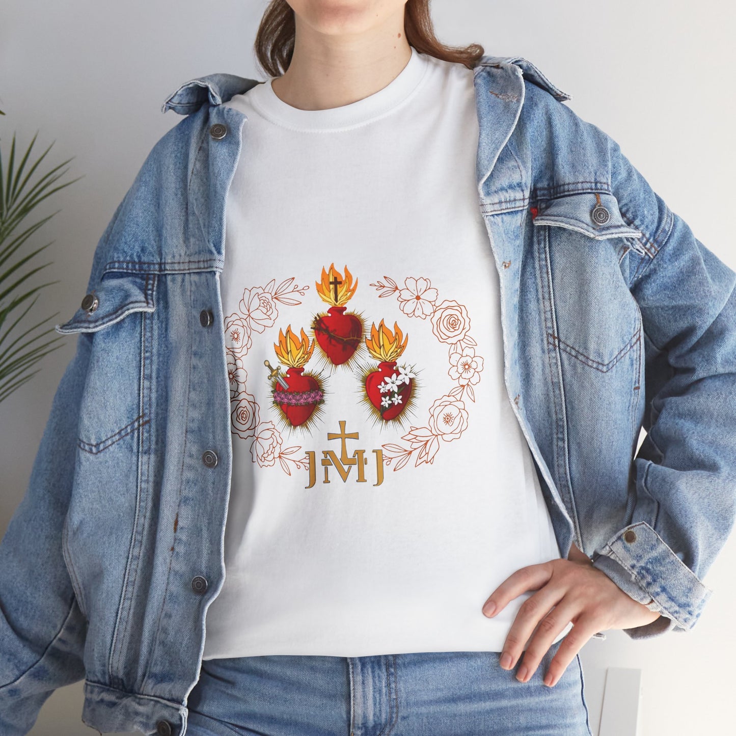 Sacred Hearts Tee — Three Flaming Hearts with JMJ Cross (CT)