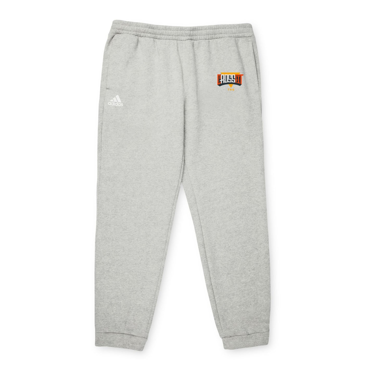Adidas Sports Fleece Joggers for CrossFit Enthusiasts, Gray sweatpants with a logo on the left thigh against a white background