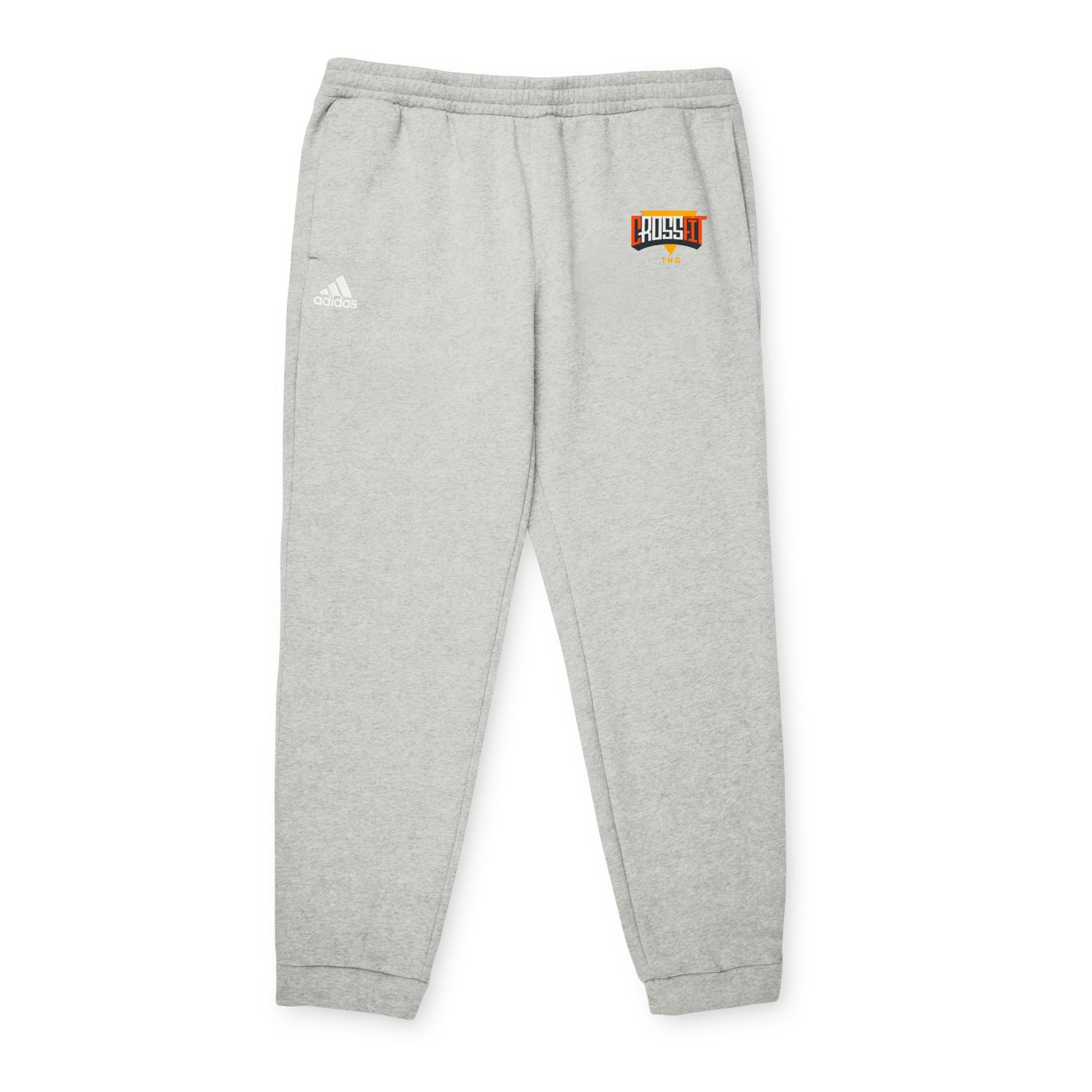 Adidas Sports Fleece Joggers for CrossFit Enthusiasts, Gray sweatpants with a logo on the left thigh against a white background