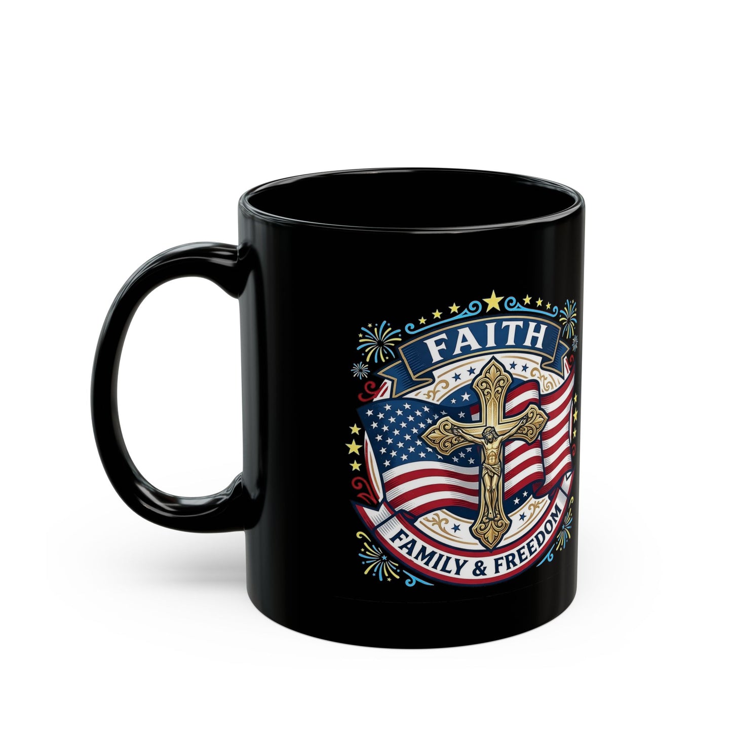 Faith, Family & Freedom Black Mug — American Flag Cross Ceramic Coffee Cup (USA 250th)