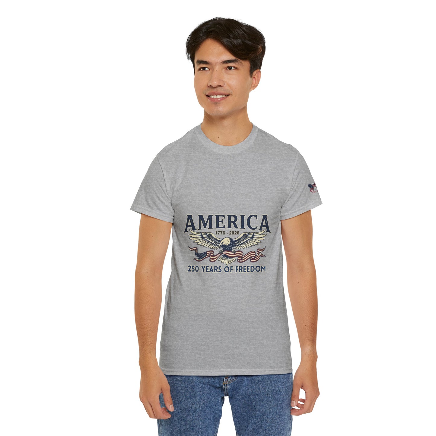 America 250 Years of Freedom T-Shirt — USA 250th ANNIVERSARY T-shirt, Person wearing a gray t-shirt with 'America' graphic design on a white background