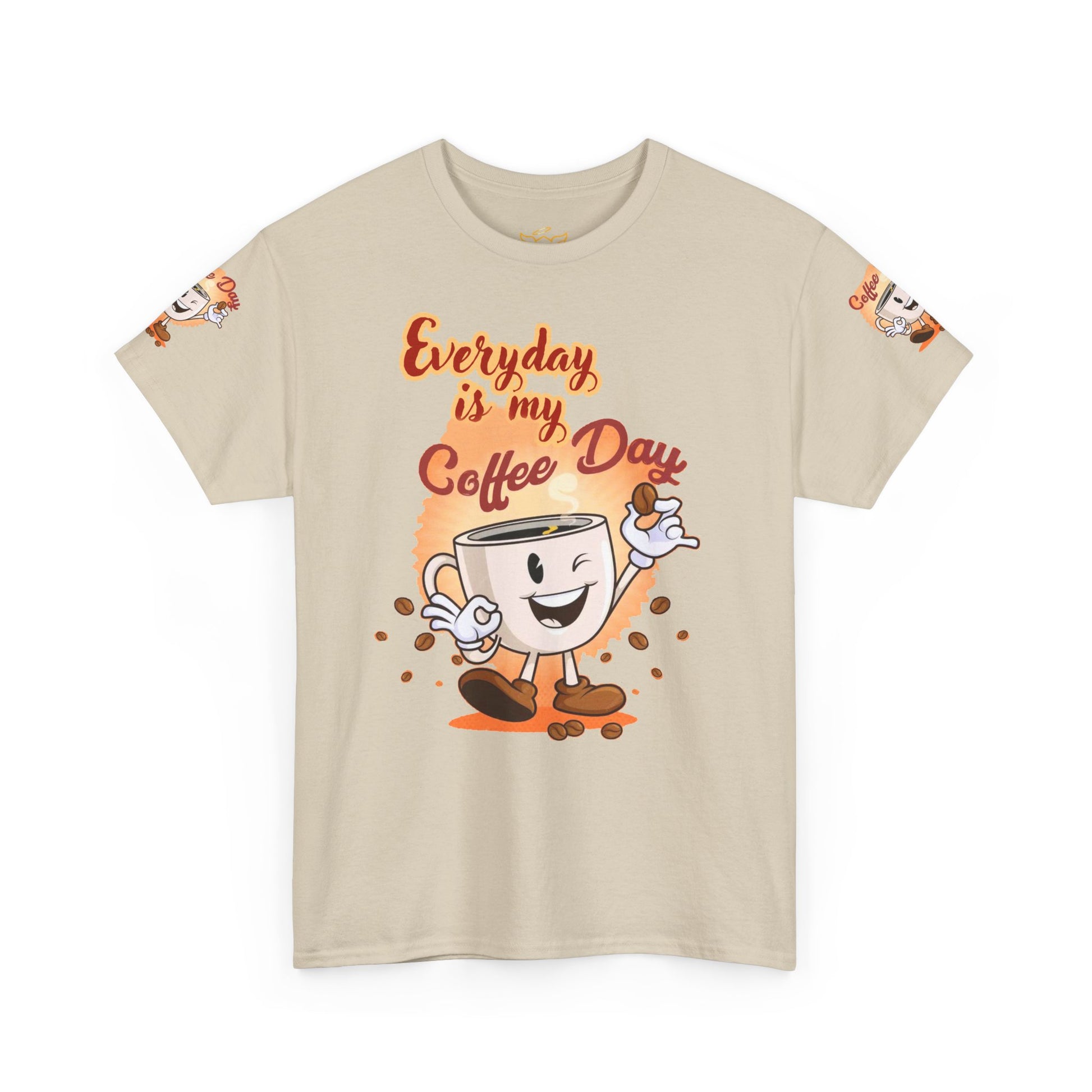 Coffee Lovers Cotton Tee - Every Day is My Coffee day, Beige t-shirt with a coffee-themed design and text on a white background