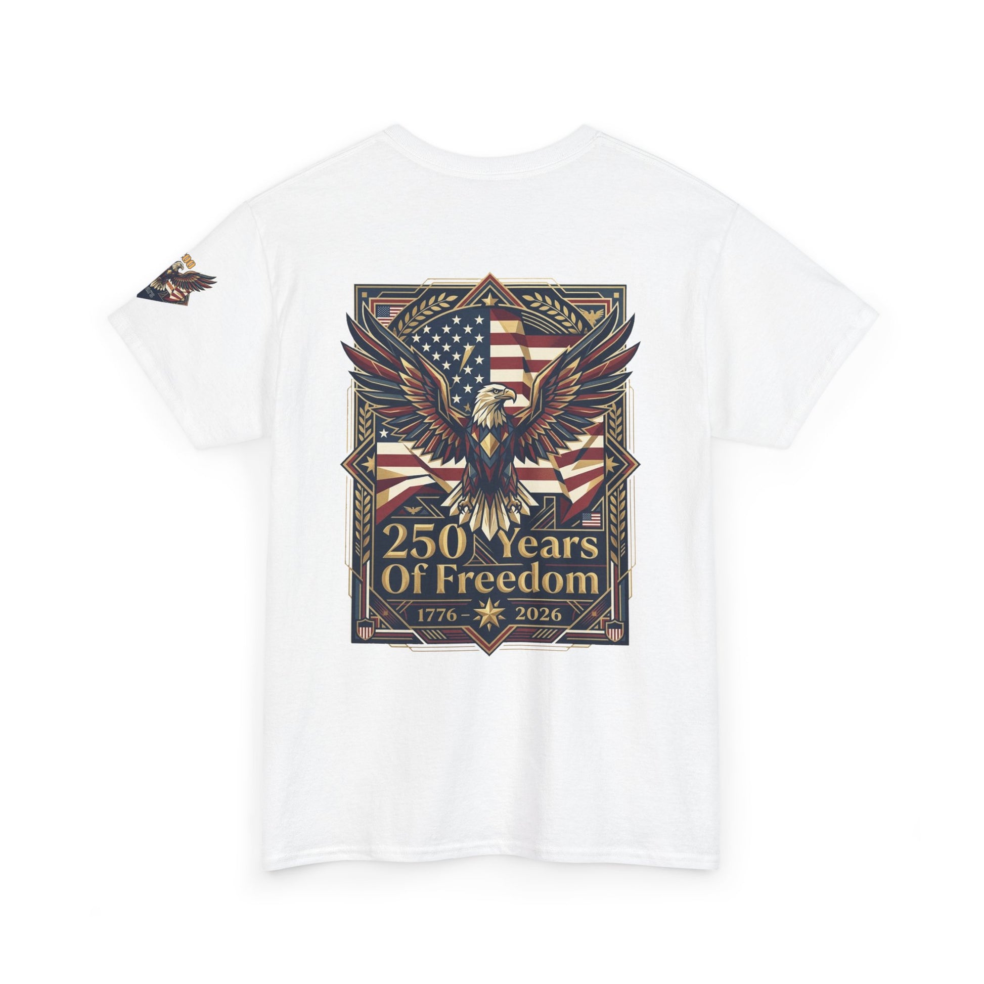 250 Years of Freedom Eagle T-Shirt, White t-shirt with an eagle and American flag design on a white background