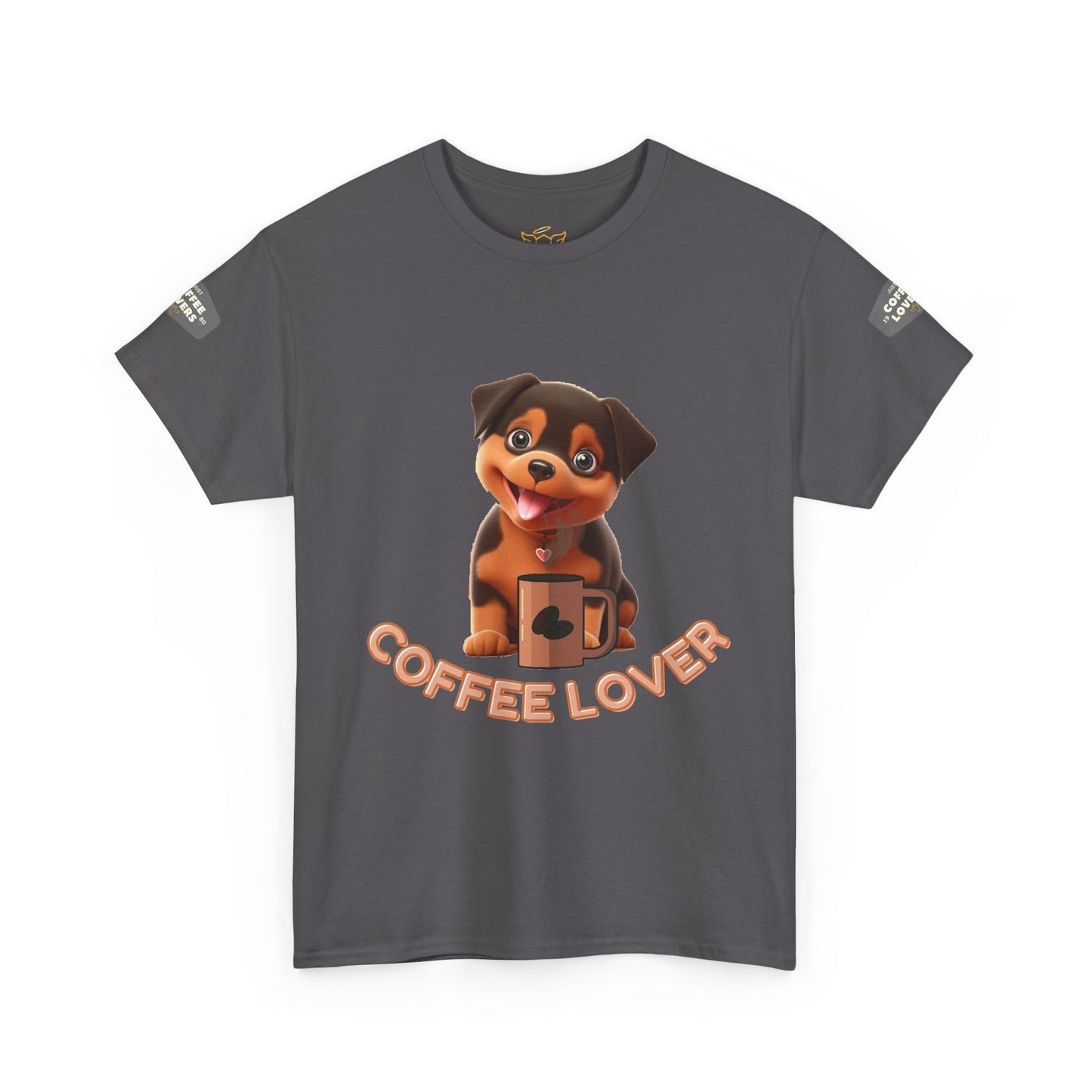 COFFEE LOVERS COTTON TEE for Dog Lovers. Gray t-shirt with a cartoon dog and 'Coffee Lover' text on a white background