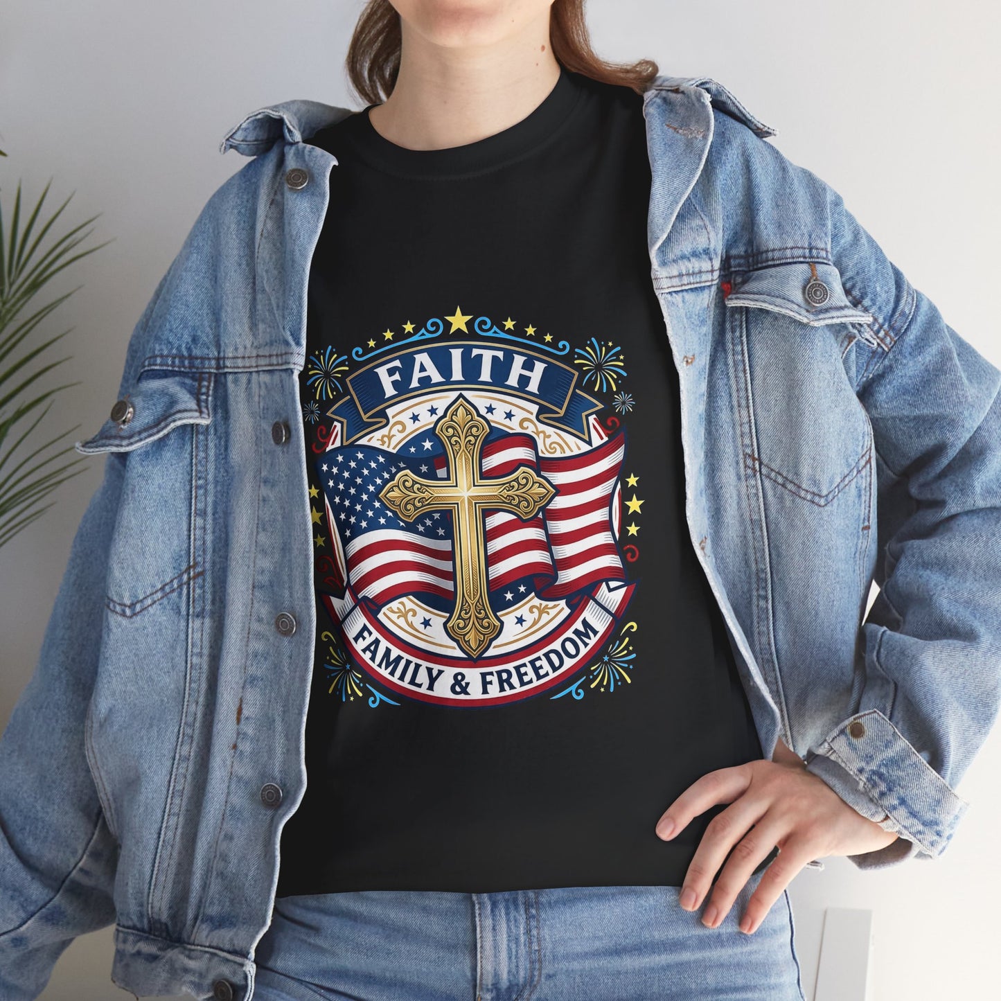 Faith, Family & Freedom T-Shirt — American Flag Cross Patriotic Tee (USA 250th)