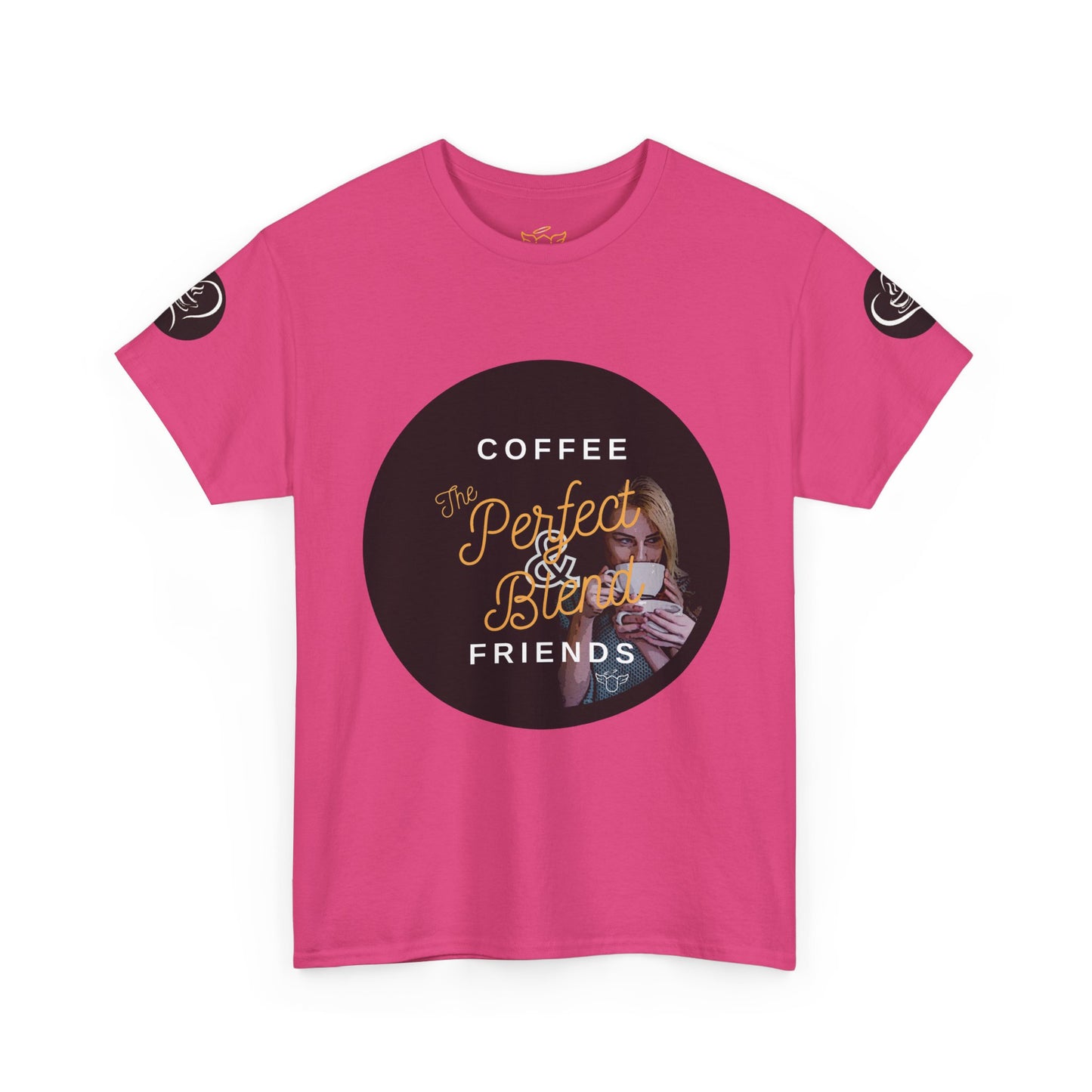 Coffee Lovers Ladies Tee - COFFEE and FRIENDS the Perfect Blend, Pink t-shirt with a graphic design featuring text and an image of a person holding a coffee cup on a white background.